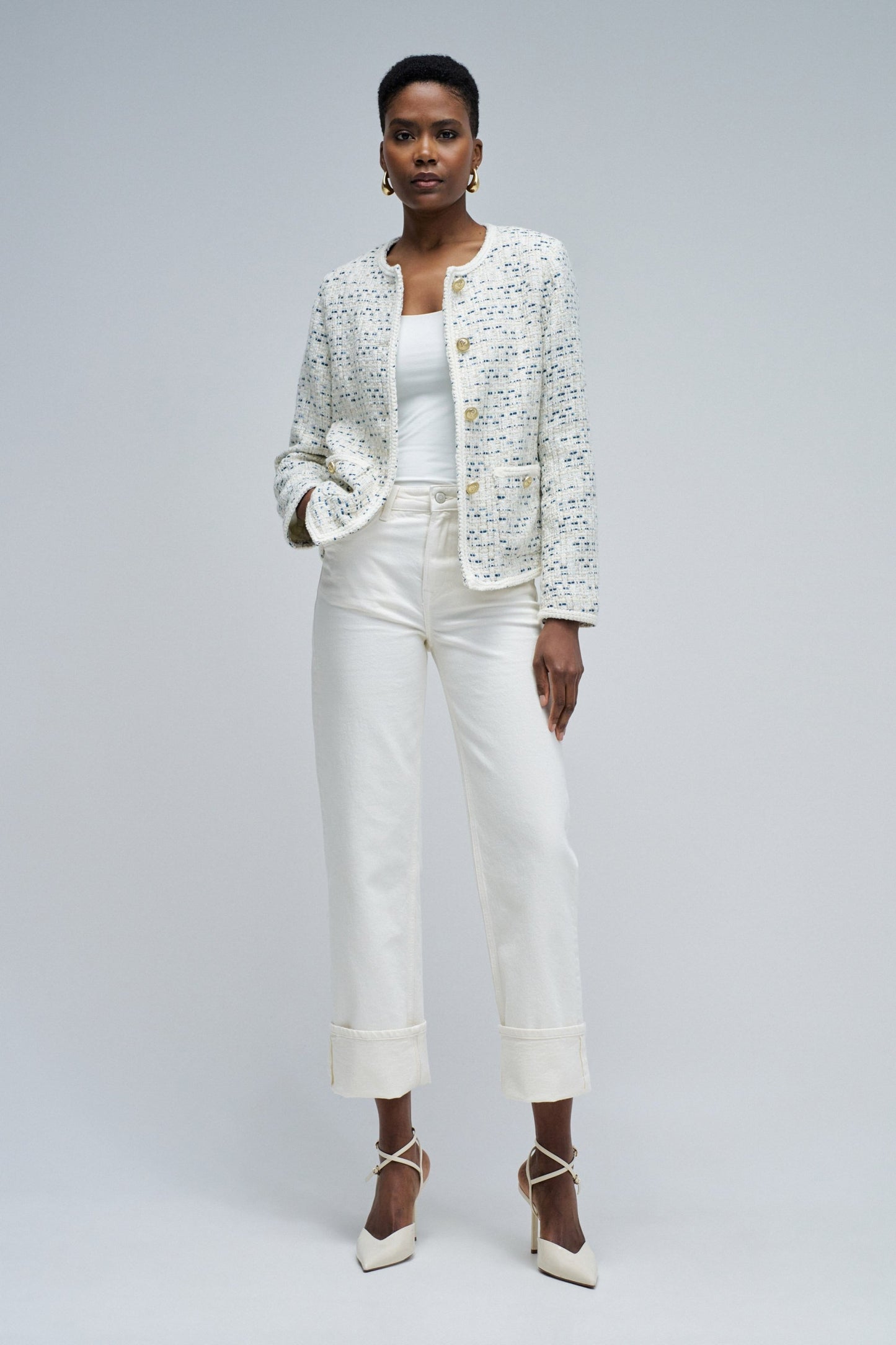 Tweed Jacket with Belt and Gold Buttons
