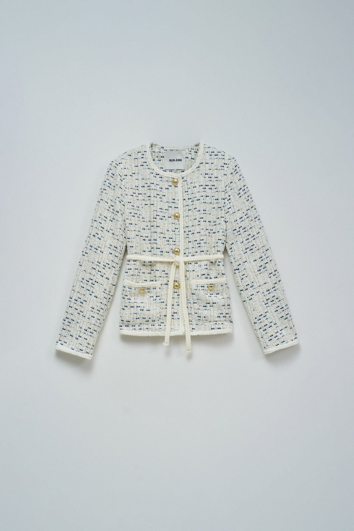 Tweed Jacket with Belt and Gold Buttons