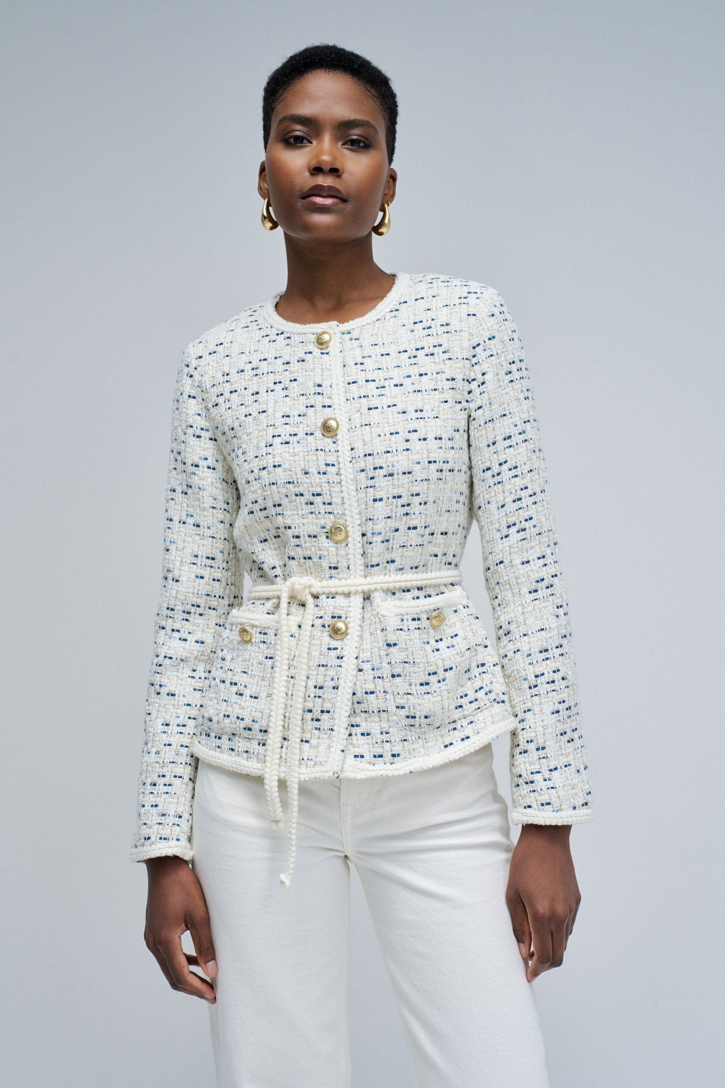 Tweed Jacket with Belt and Gold Buttons