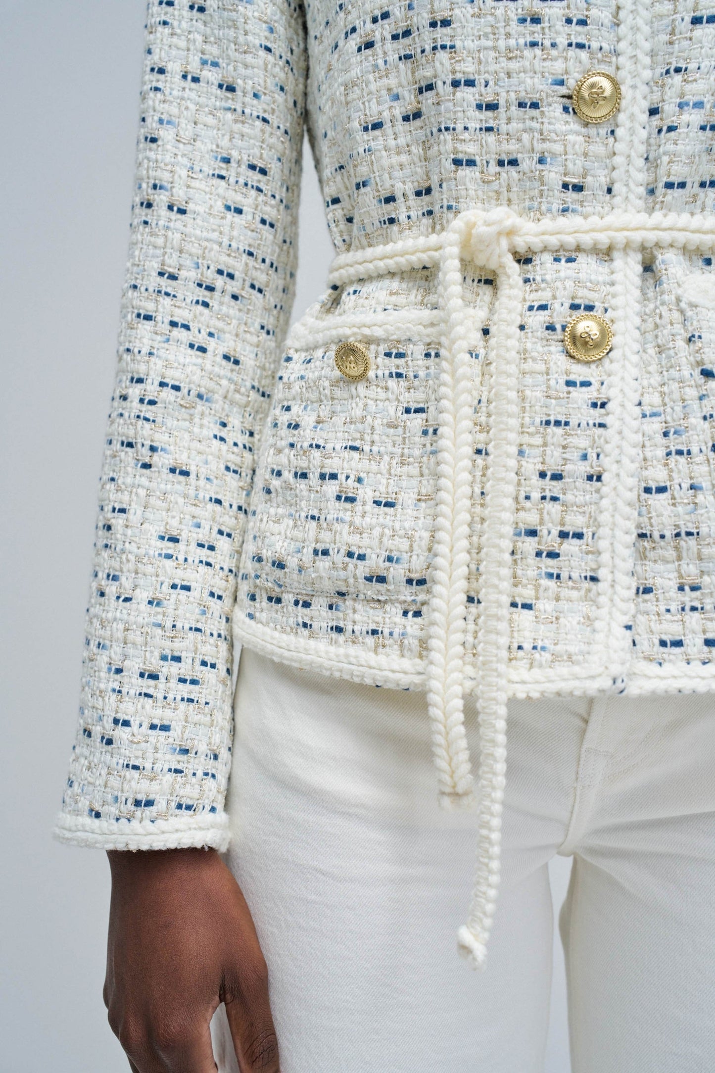 Tweed Jacket with Belt and Gold Buttons