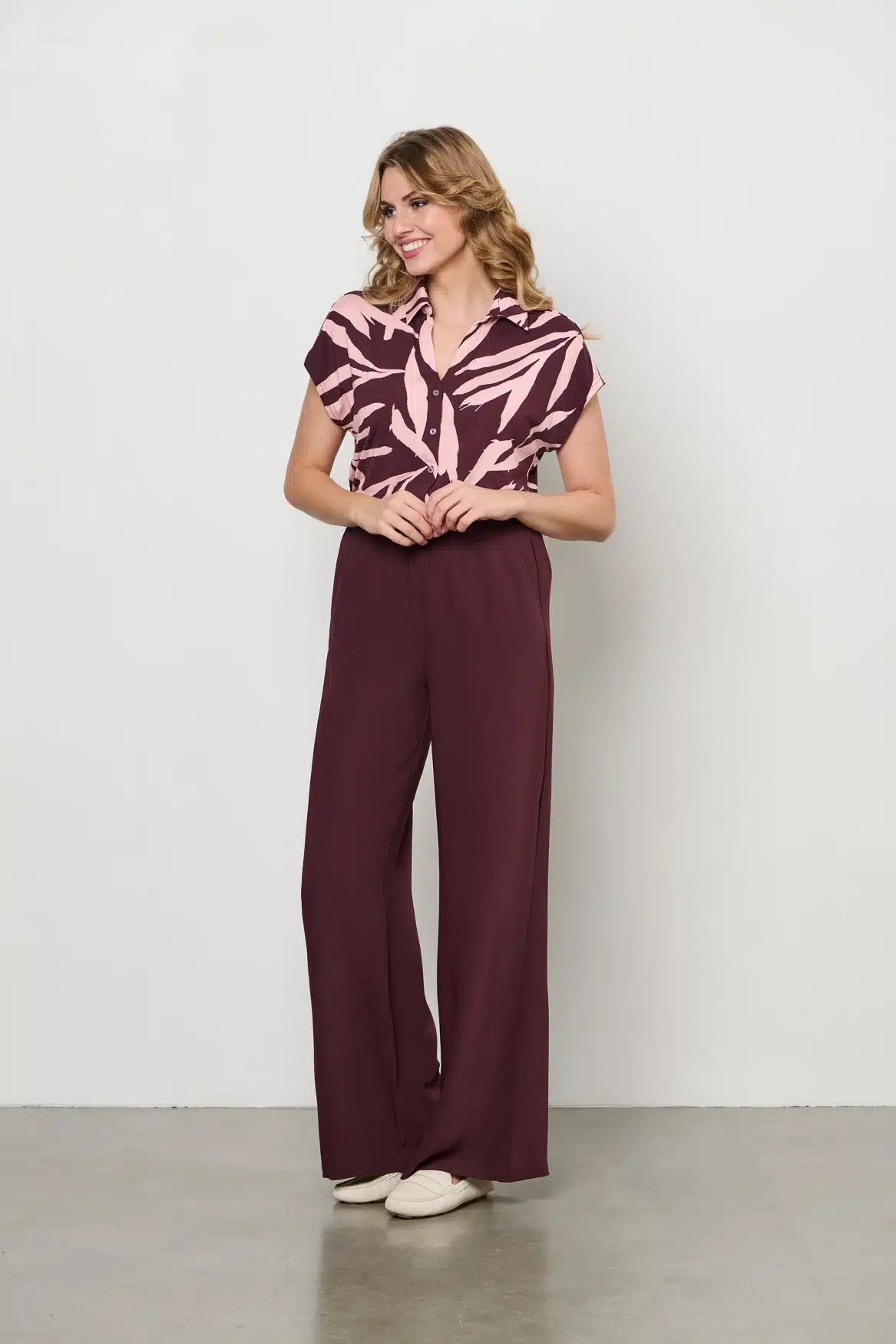Leaf Print Button-Up Blouse