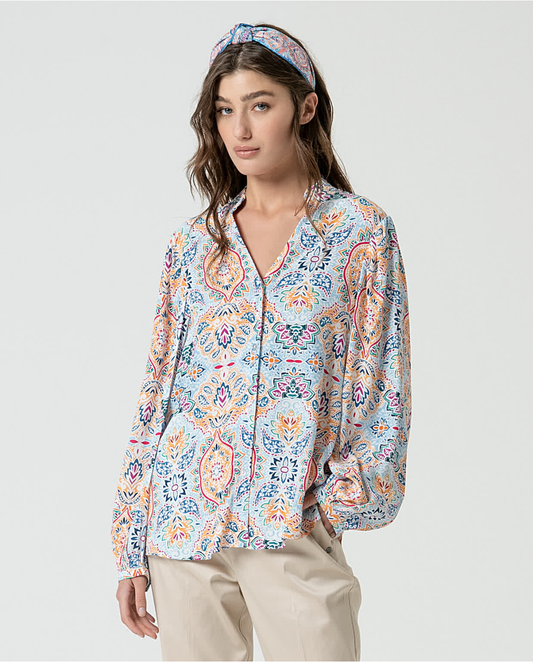 Printed Bohemian Blouse with Button Front