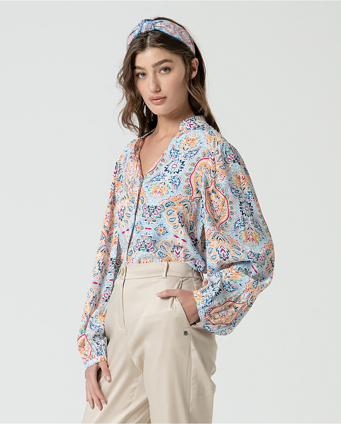 Printed Bohemian Blouse with Button Front