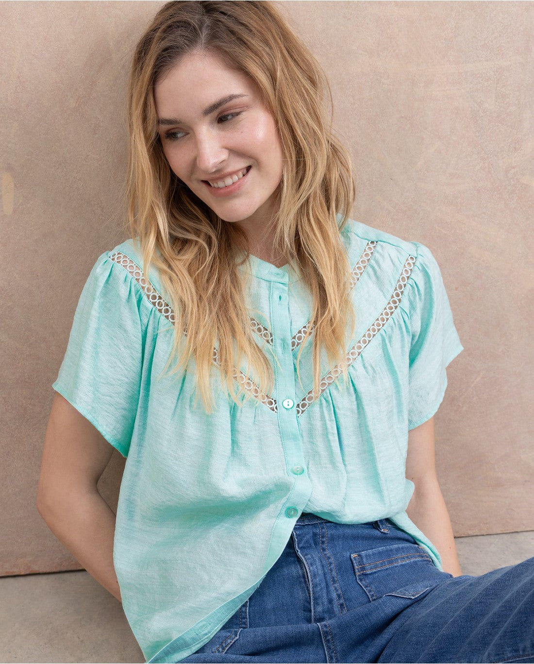 Eyelet Embroidered Blouse in Aqua Green