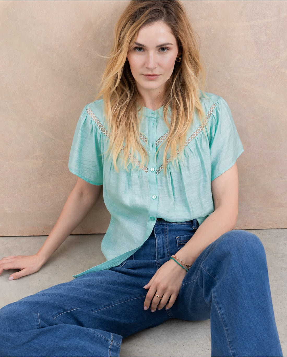 Eyelet Embroidered Blouse in Aqua Green
