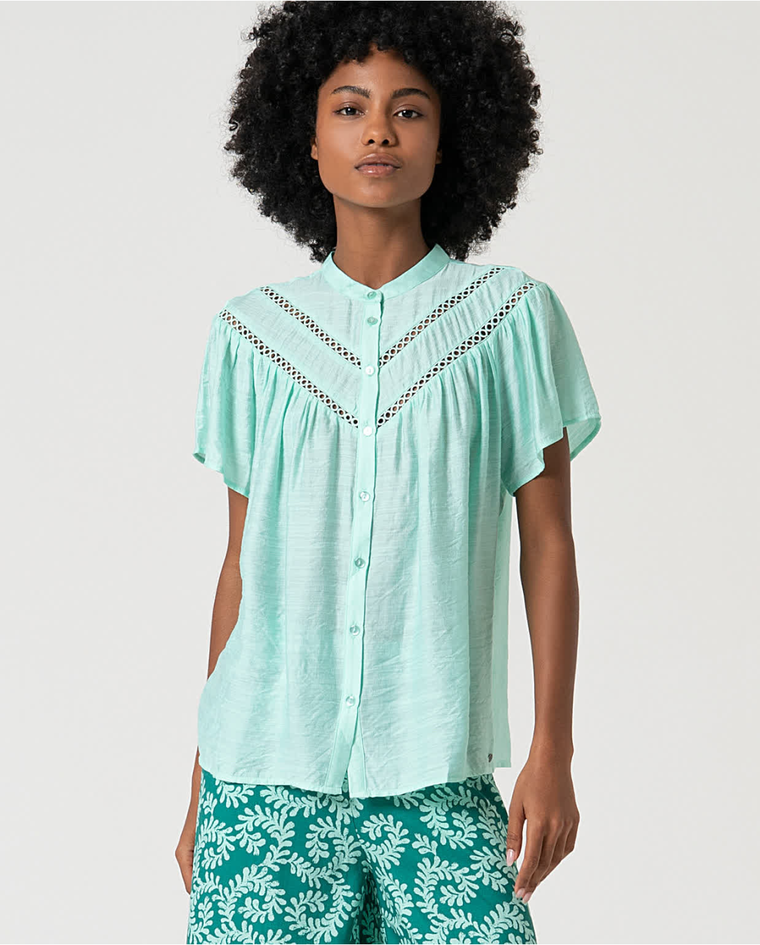 Eyelet Embroidered Blouse in Aqua Green