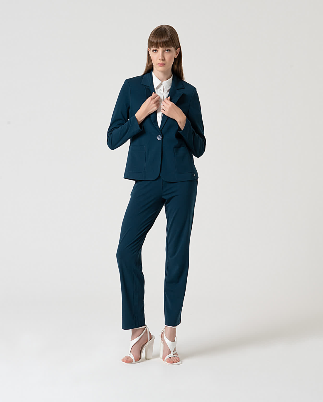 Tailored Blazer with Single Button Closure, Petrol Blue