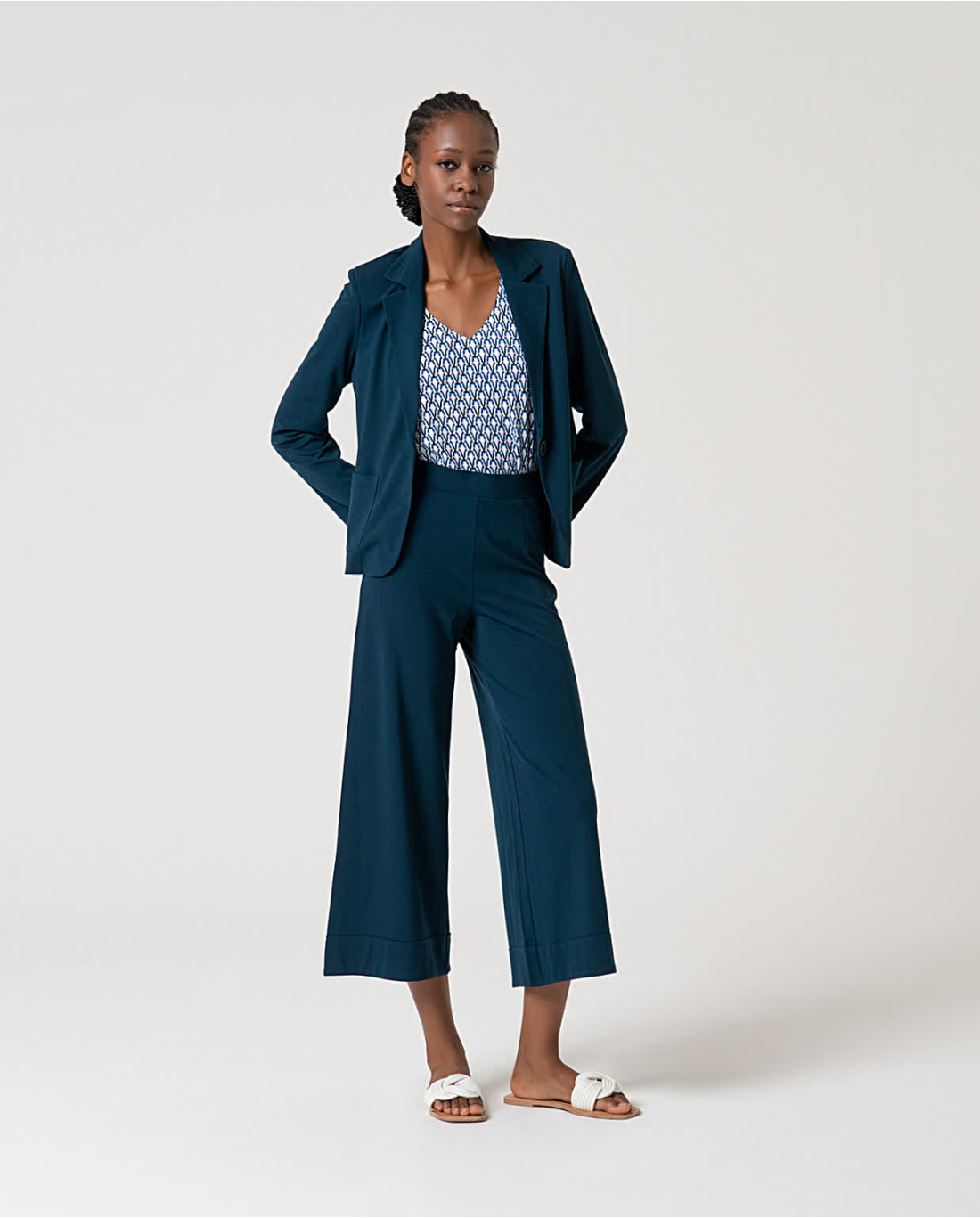 Solid Stretch Cropped Trousers, Petrol Blue
