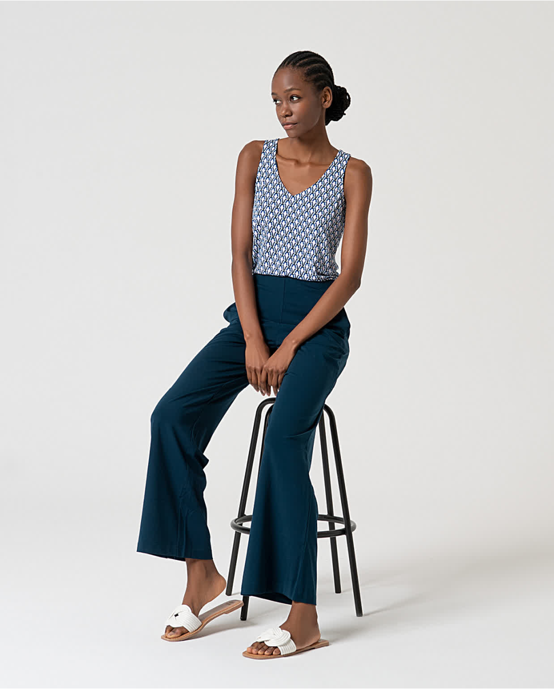Plain Stretch Straight-Cut Trousers, Petrol blue