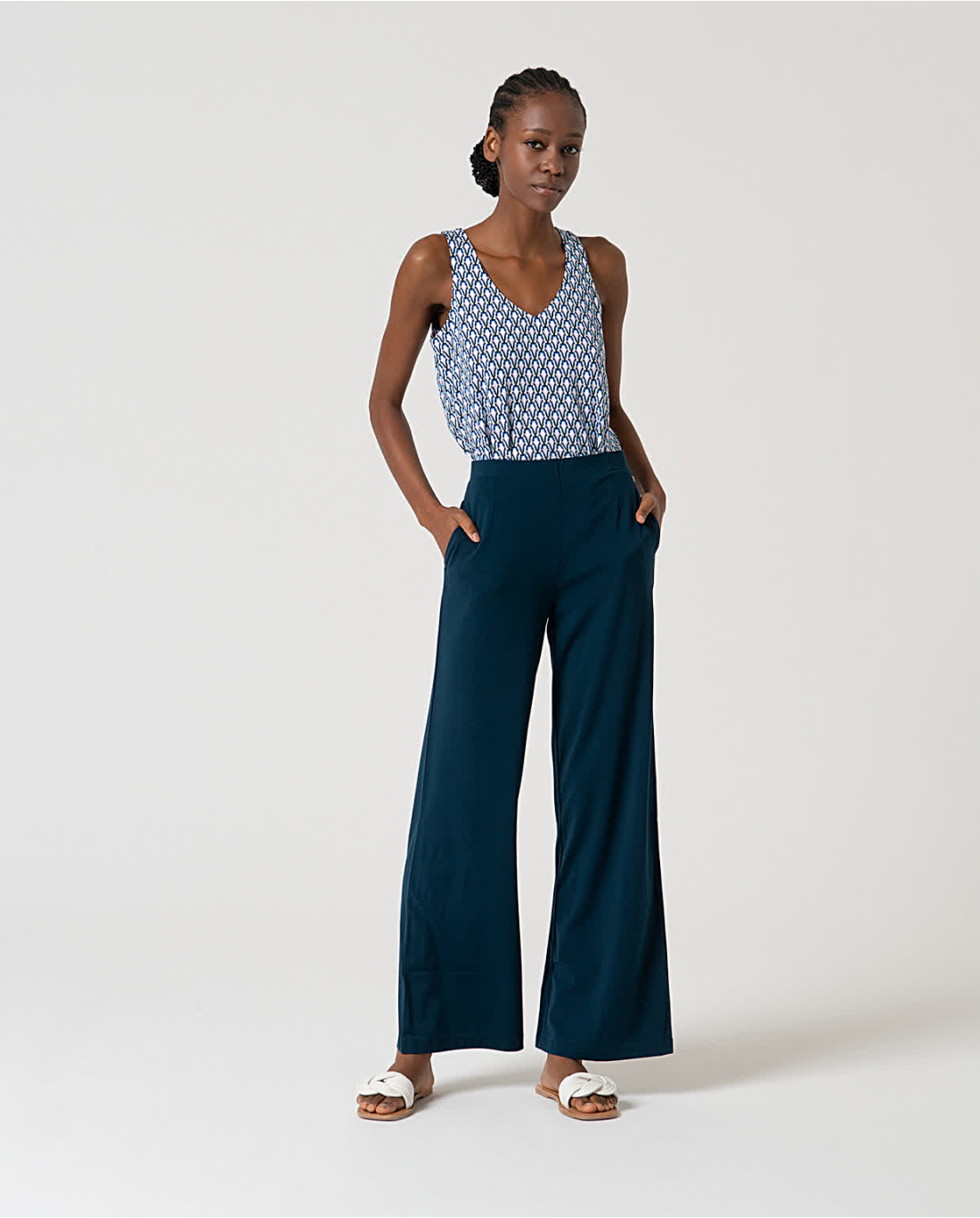 Plain Stretch Straight-Cut Trousers, Petrol blue