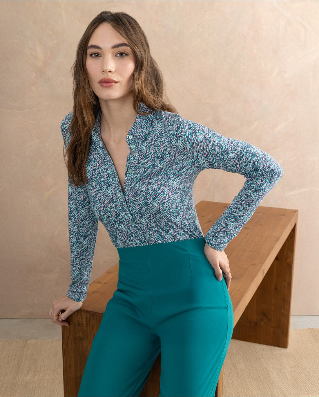 Plain Stretch Straight-Cut Trousers, Emerald