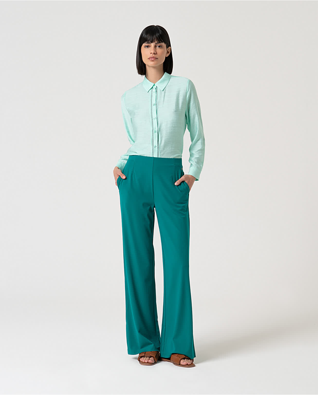 Plain Stretch Straight-Cut Trousers, Emerald