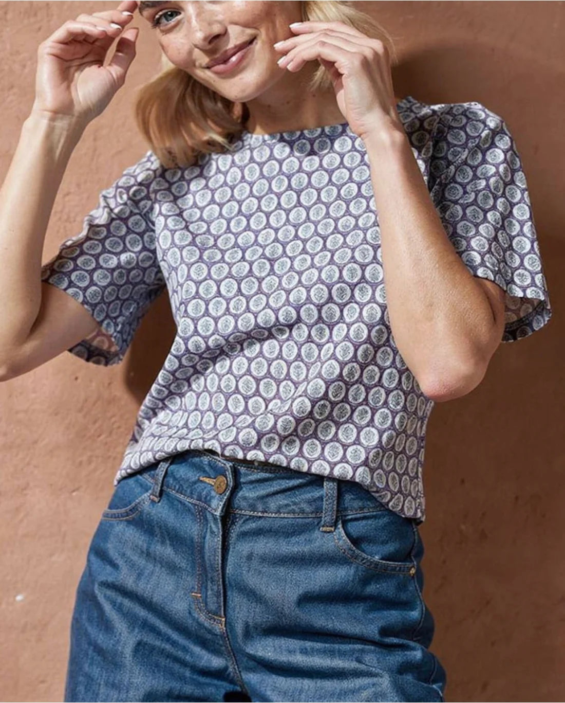 Printed Boat Neck Top, Blue