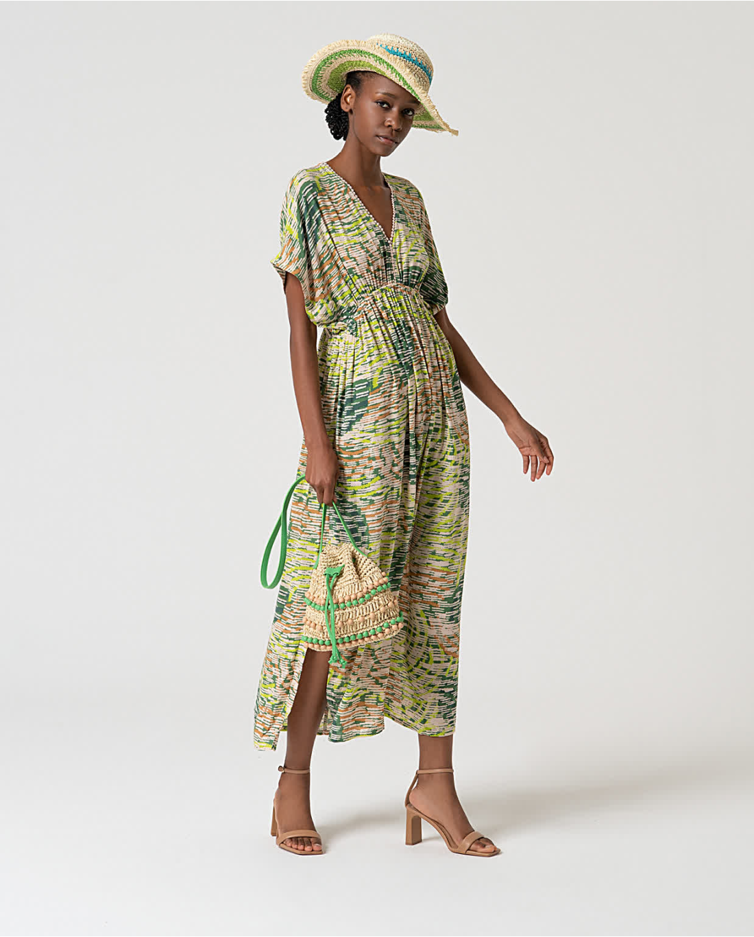 Long Flowy Printed Dress, Green Multicolour