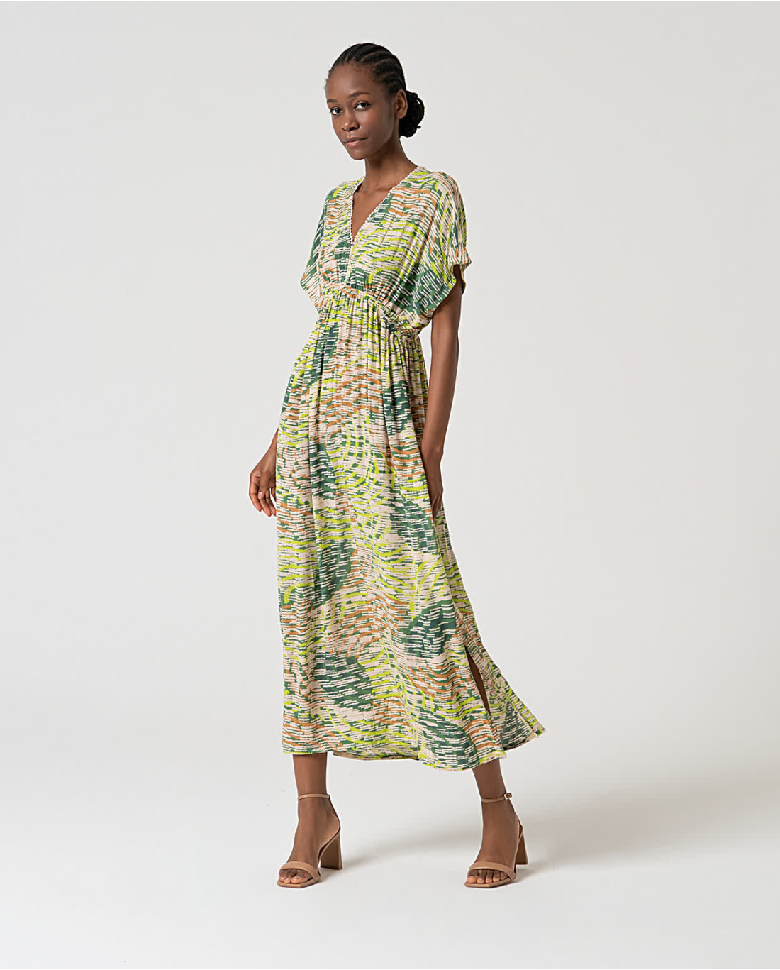 Long Flowy Printed Dress, Green Multicolour