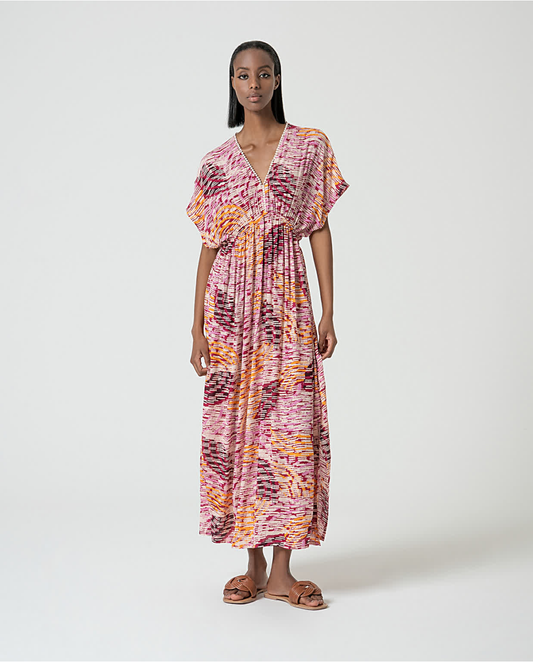 Long Flowy Printed Dress, Pink Multicolour