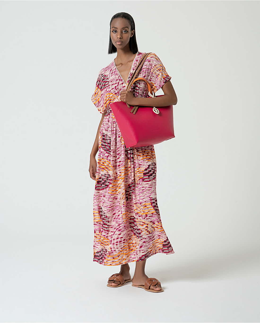 Long Flowy Printed Dress, Pink Multicolour
