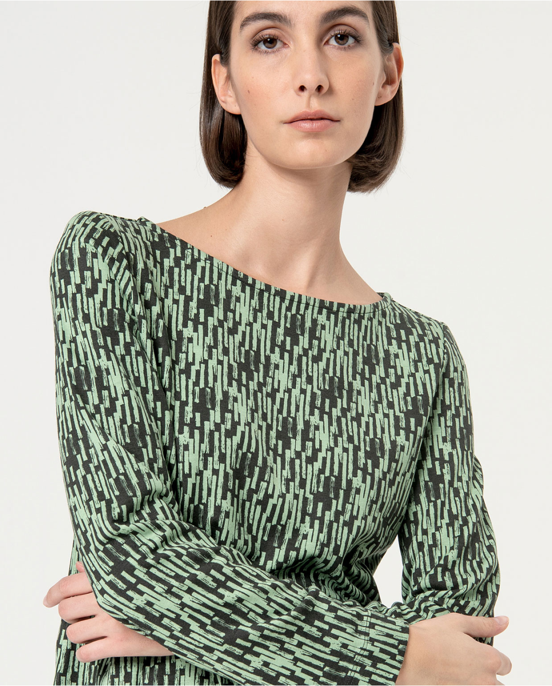 Printed Boat Neck Elastic T-Shirt Khaki