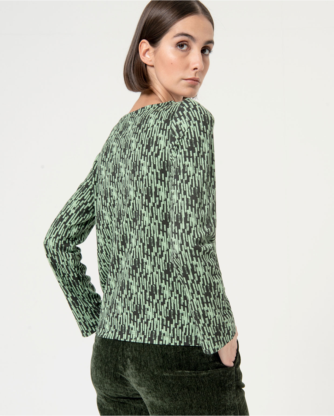 Printed Boat Neck Elastic T-Shirt Khaki