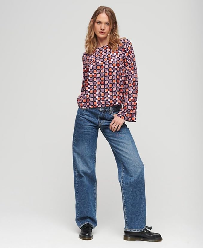 Printed Woven Top with Flared Sleeves