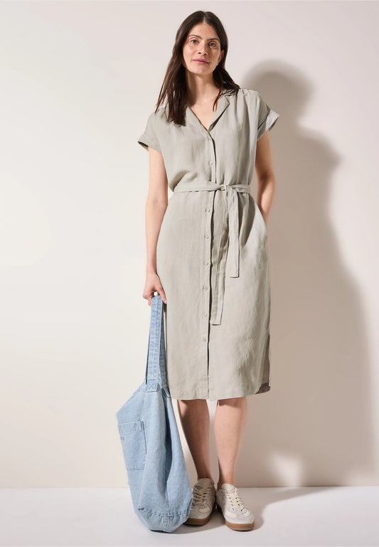 Linen-Blend Blouse Dress with Belt, Beige