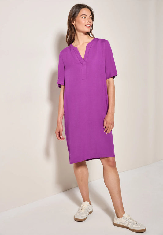 Split Neck Linen Blend Dress, Magenta