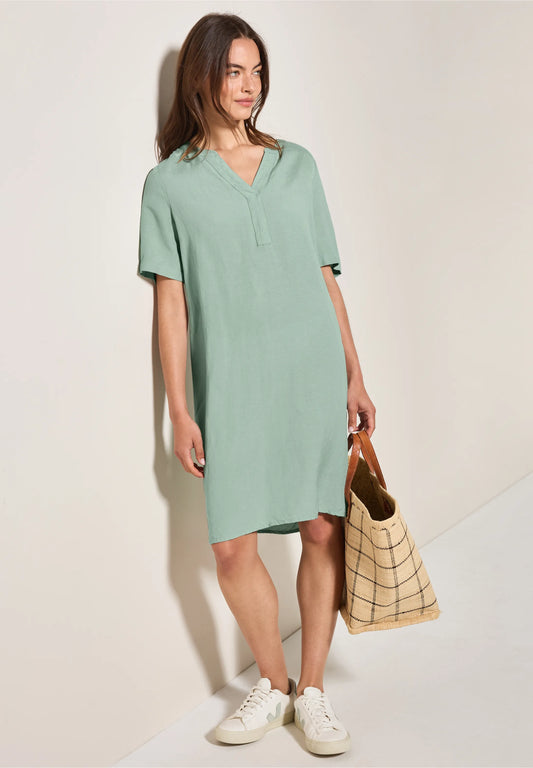 Split Neck Linen Blend Dress, Sage Green