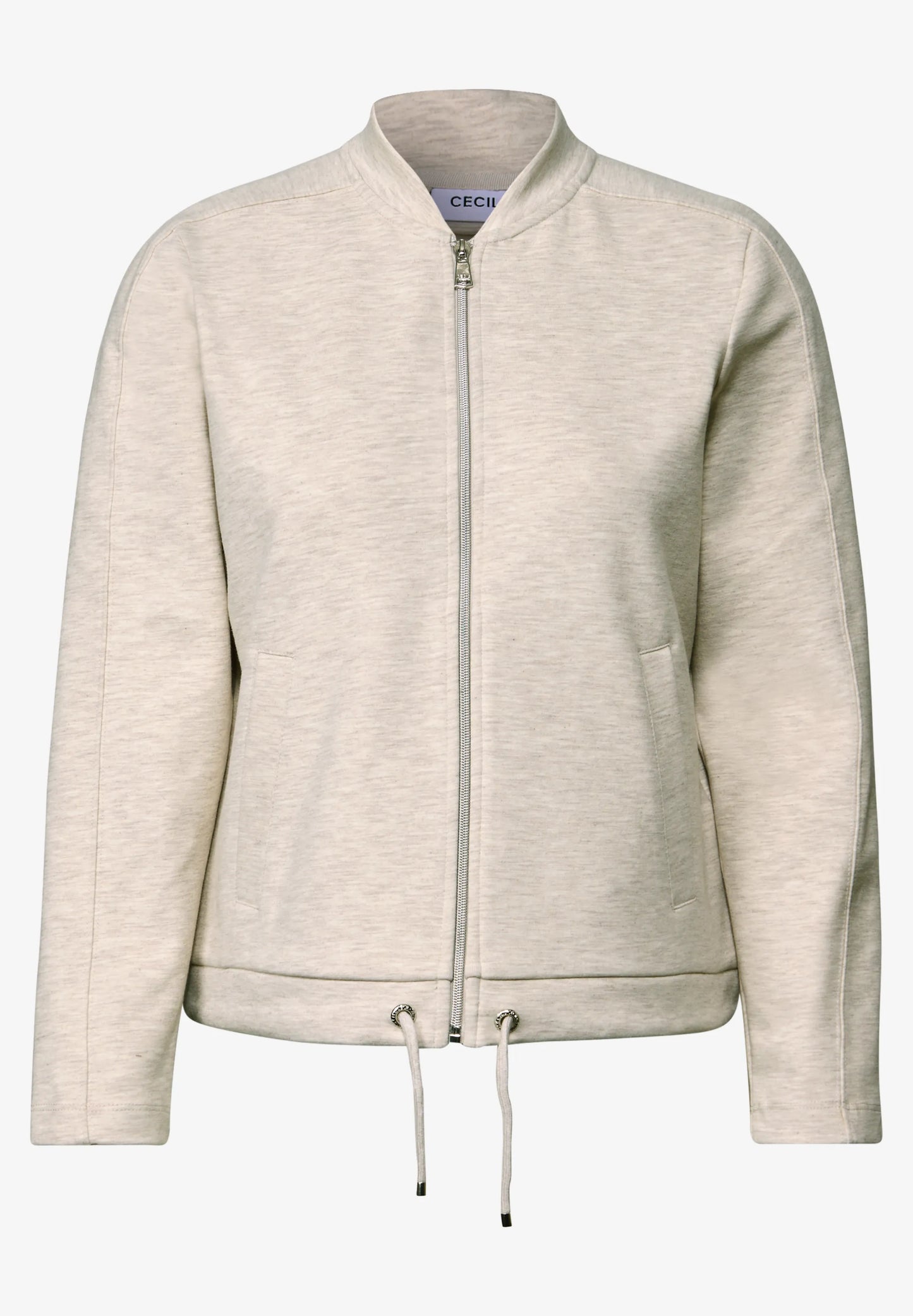 Soft Bomber Jacket with Drawstring Hem, Light Beige Melange