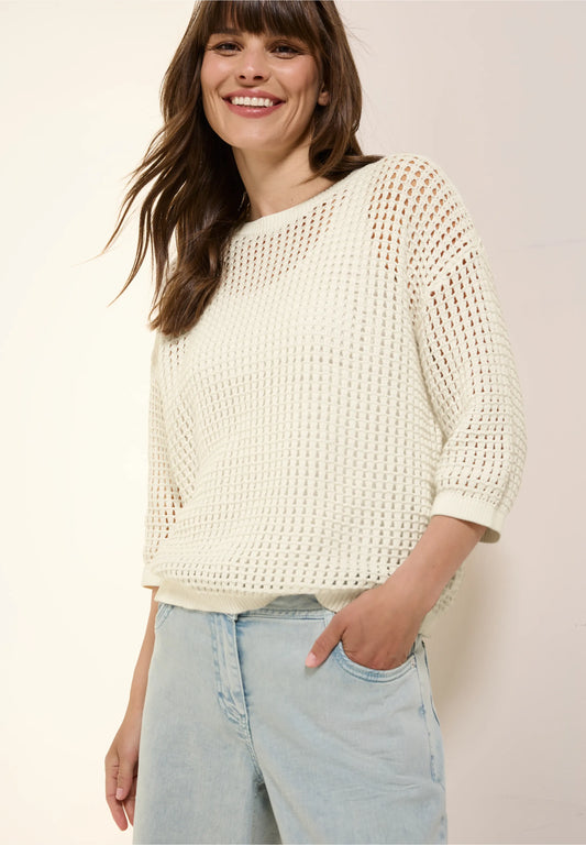 Crochet-Look Knit Jumper, Vanilla White
