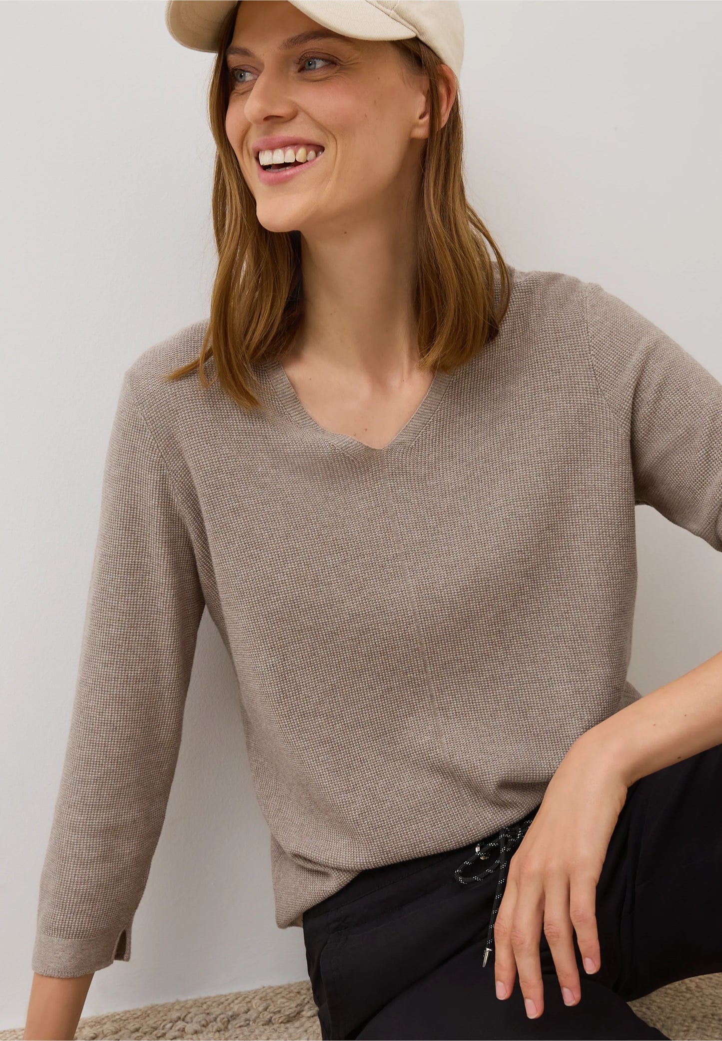 Textured V-Neck Knit Sweater, Toffee Cream Melange