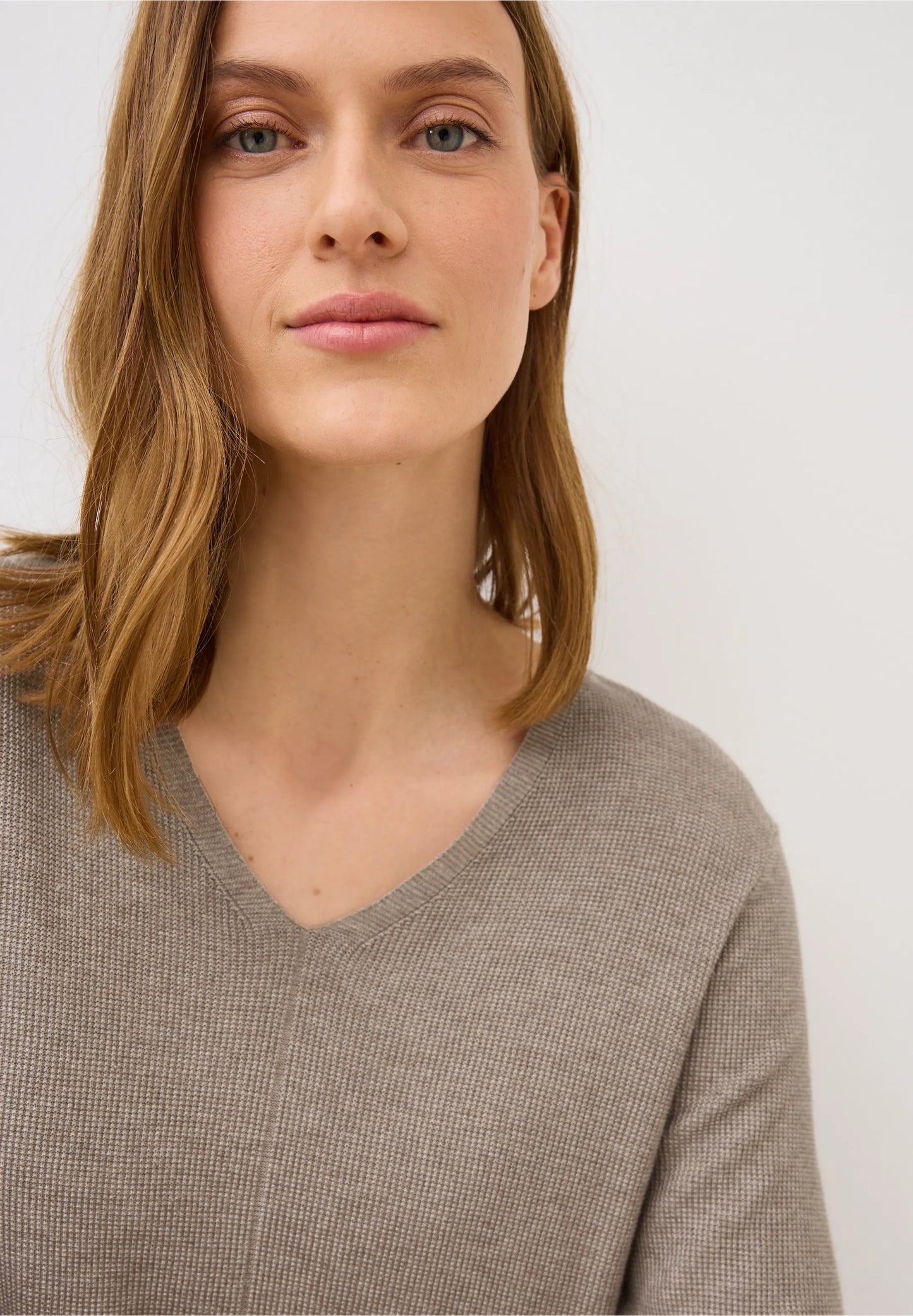 Textured V-Neck Knit Sweater, Toffee Cream Melange