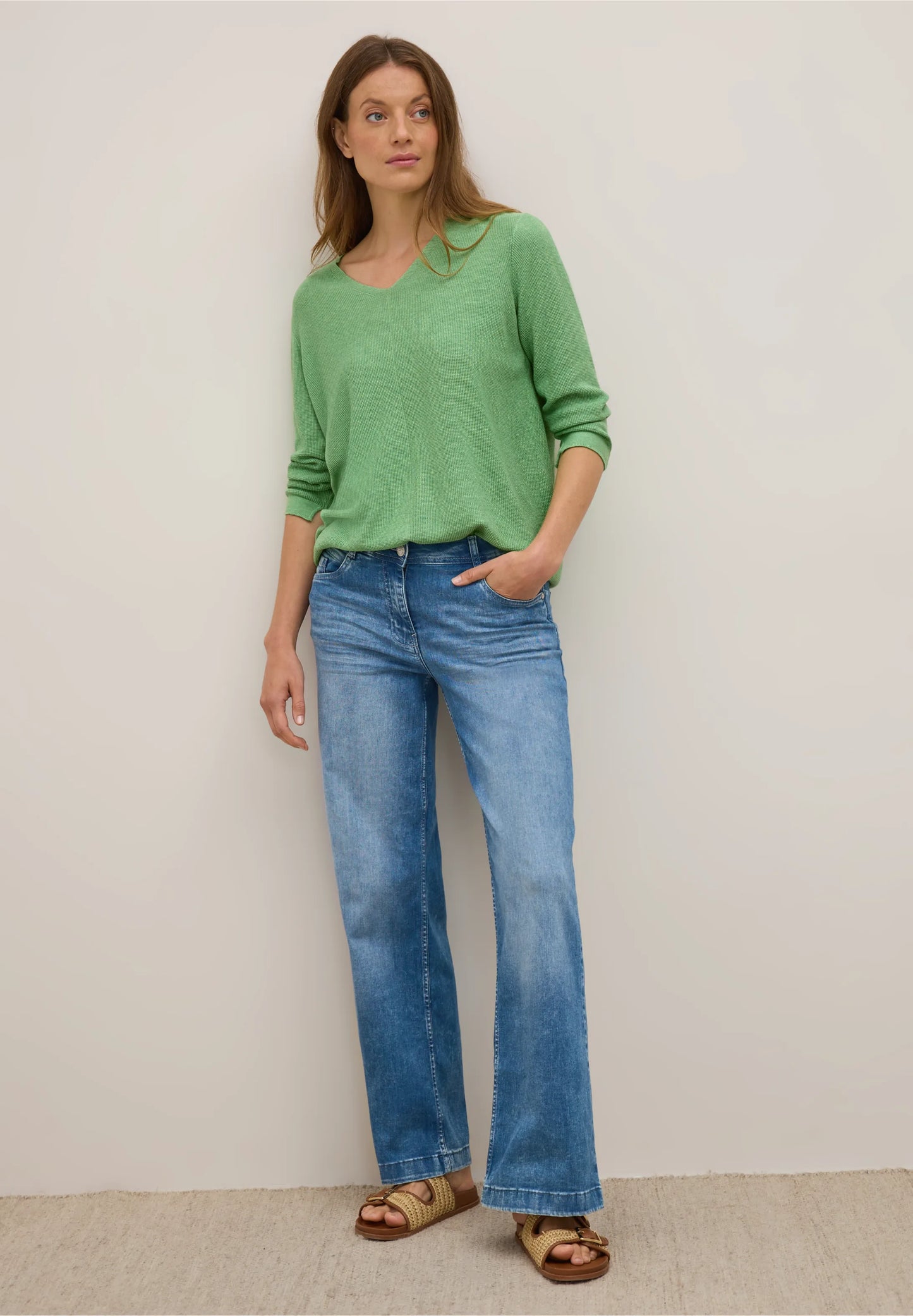Textured V-Neck Knit Sweater, Fennel Green Melange