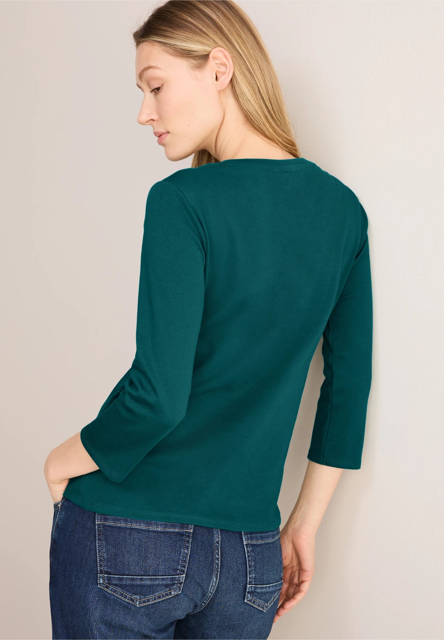 Basic 3/4 Sleeve Top with Round Neck, Petrol Green