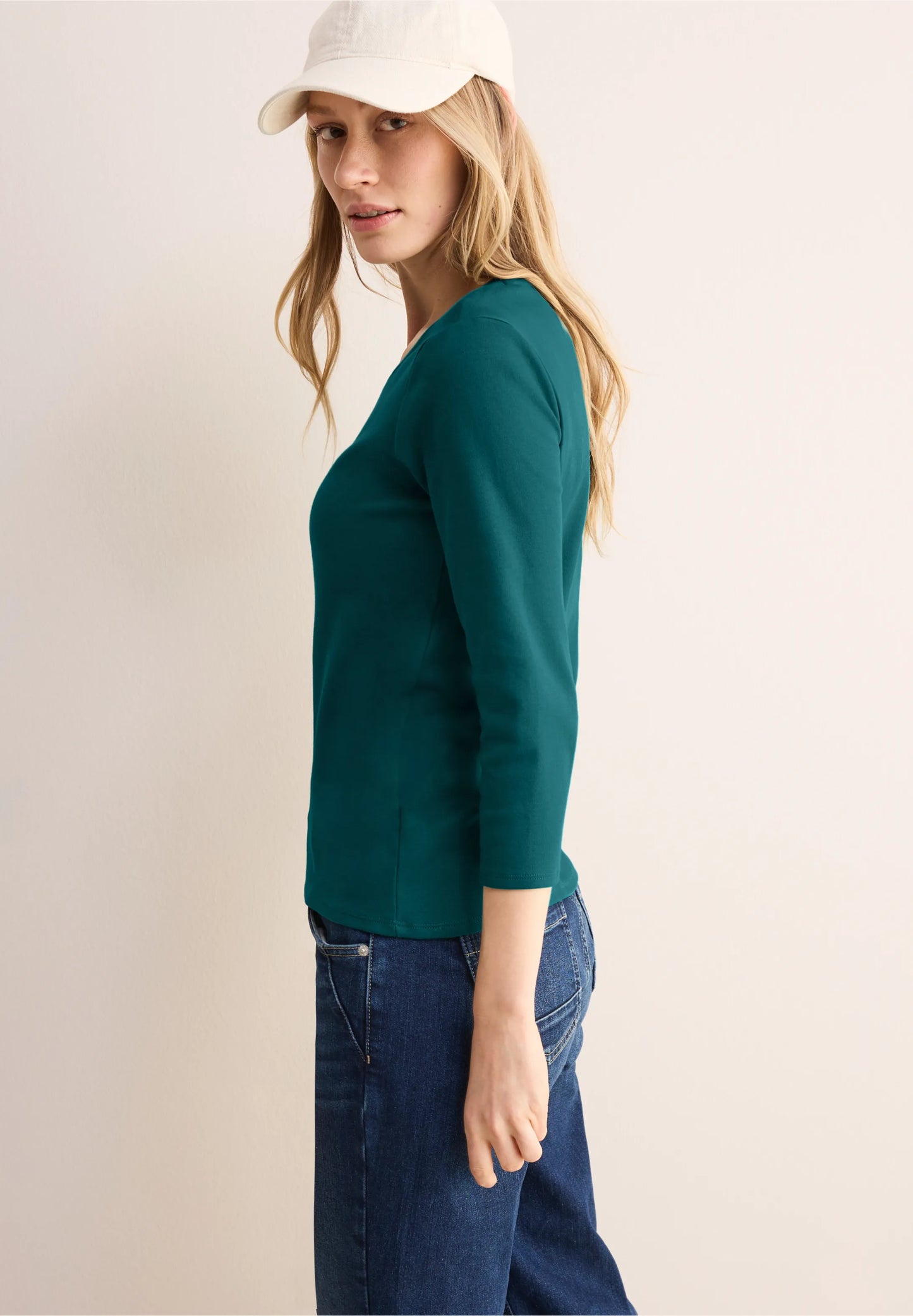 Basic 3/4 Sleeve Top with Round Neck, Petrol Green