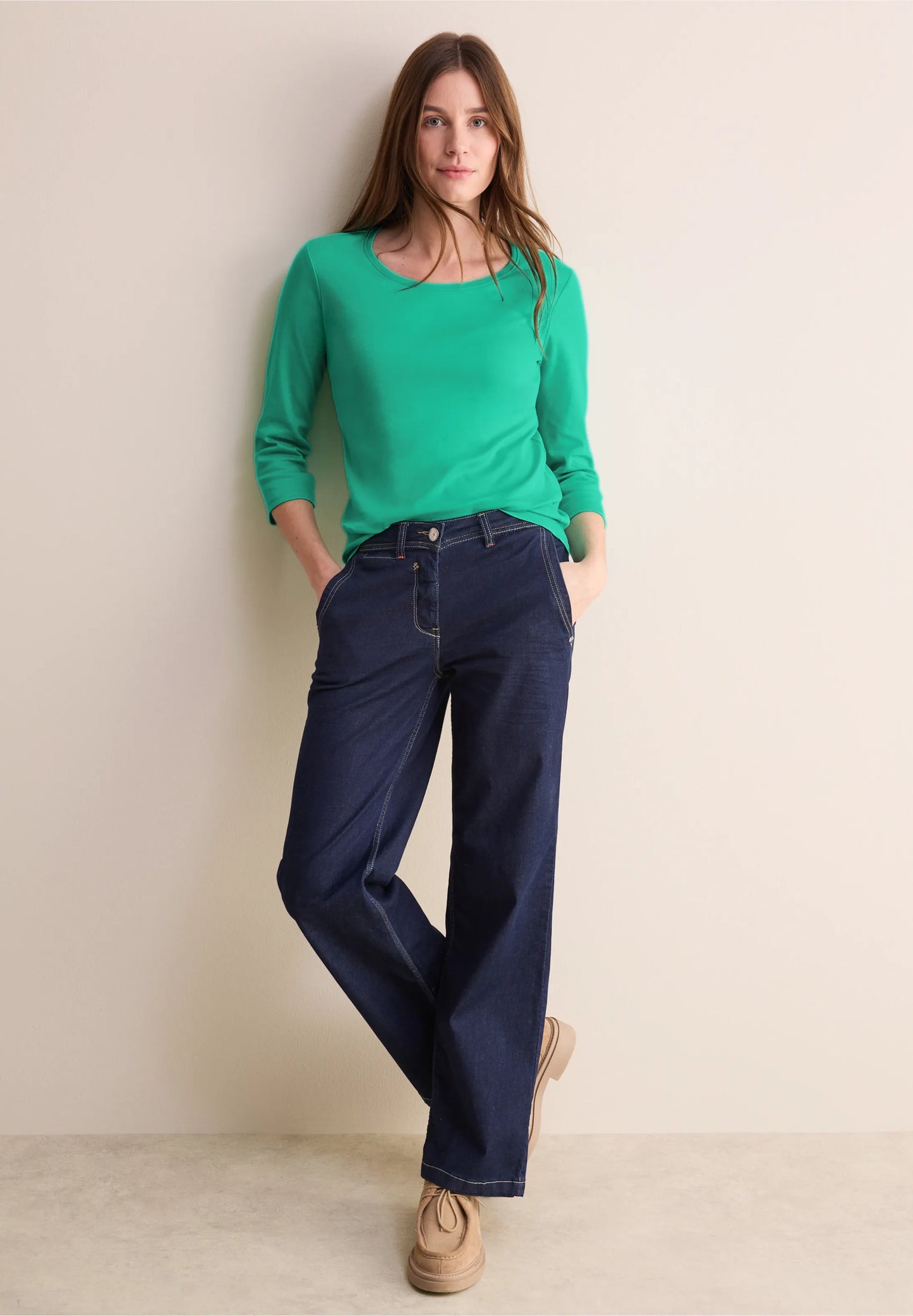 Basic 3/4 Sleeve Top with Round Neck, Aventurine Green