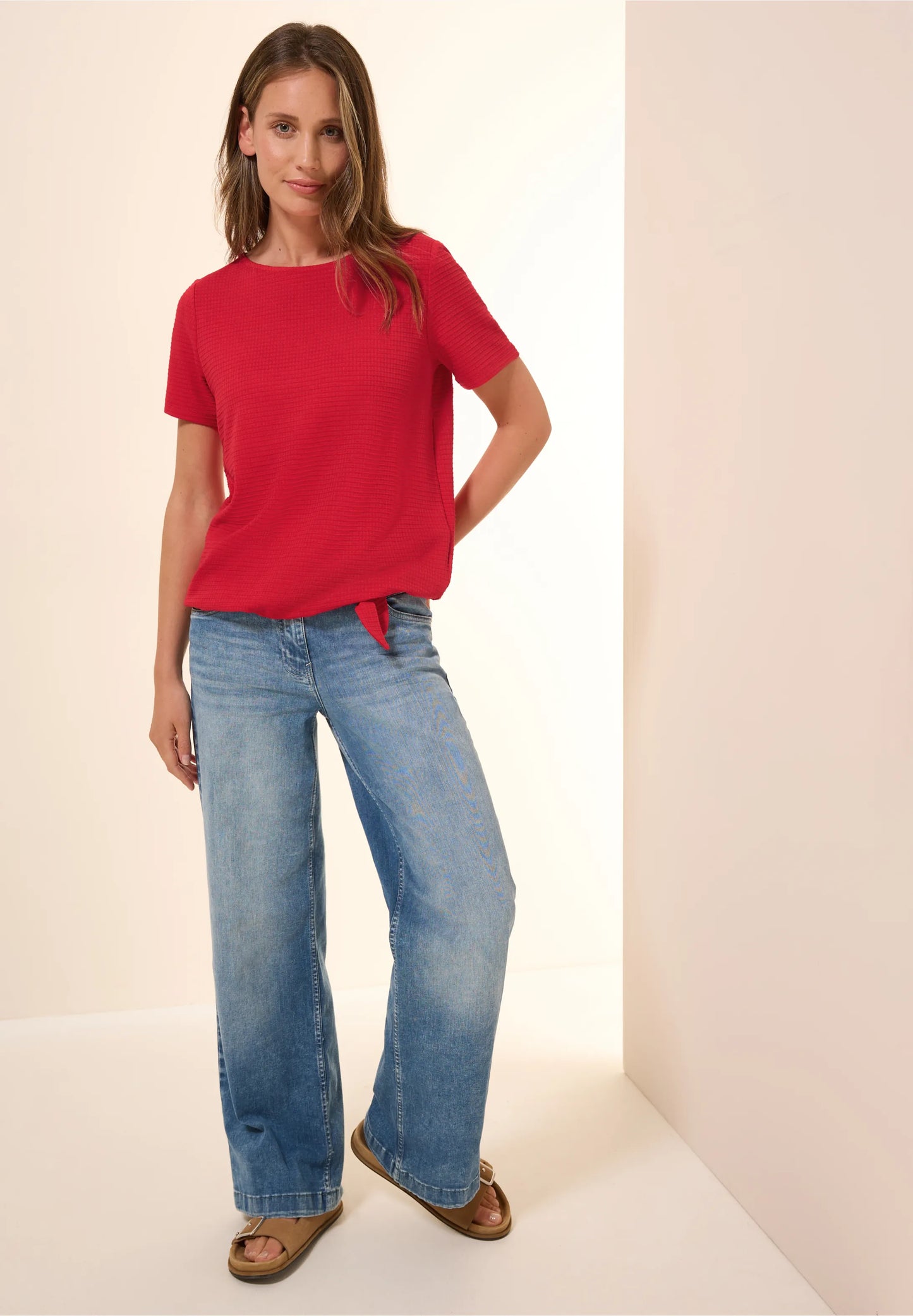 Knot Detail T-Shirt with Boat Neck, Glazed Apple Red
