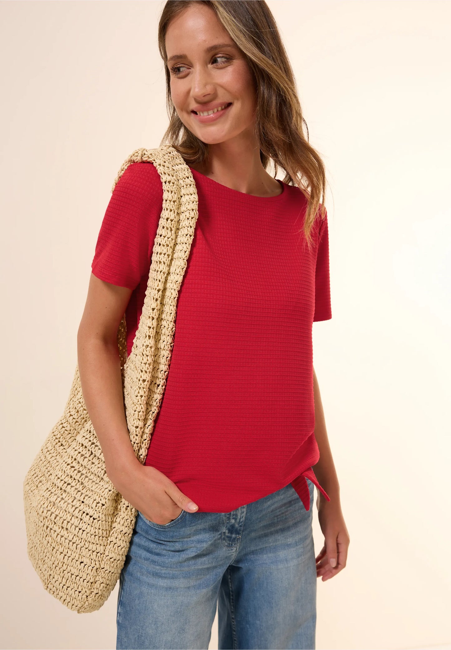 Knot Detail T-Shirt with Boat Neck, Glazed Apple Red