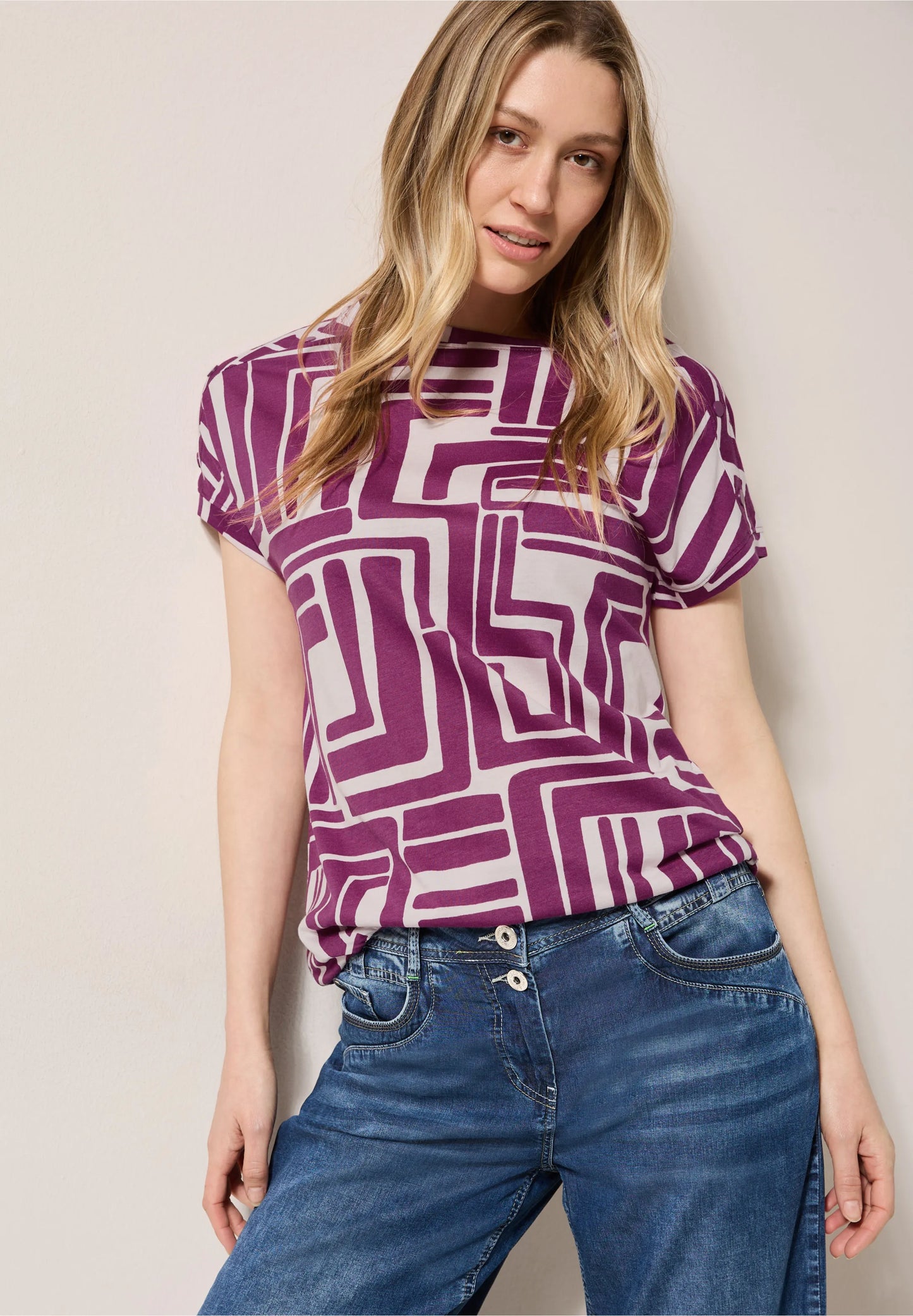Geometric Print T-Shirt with Button Detail