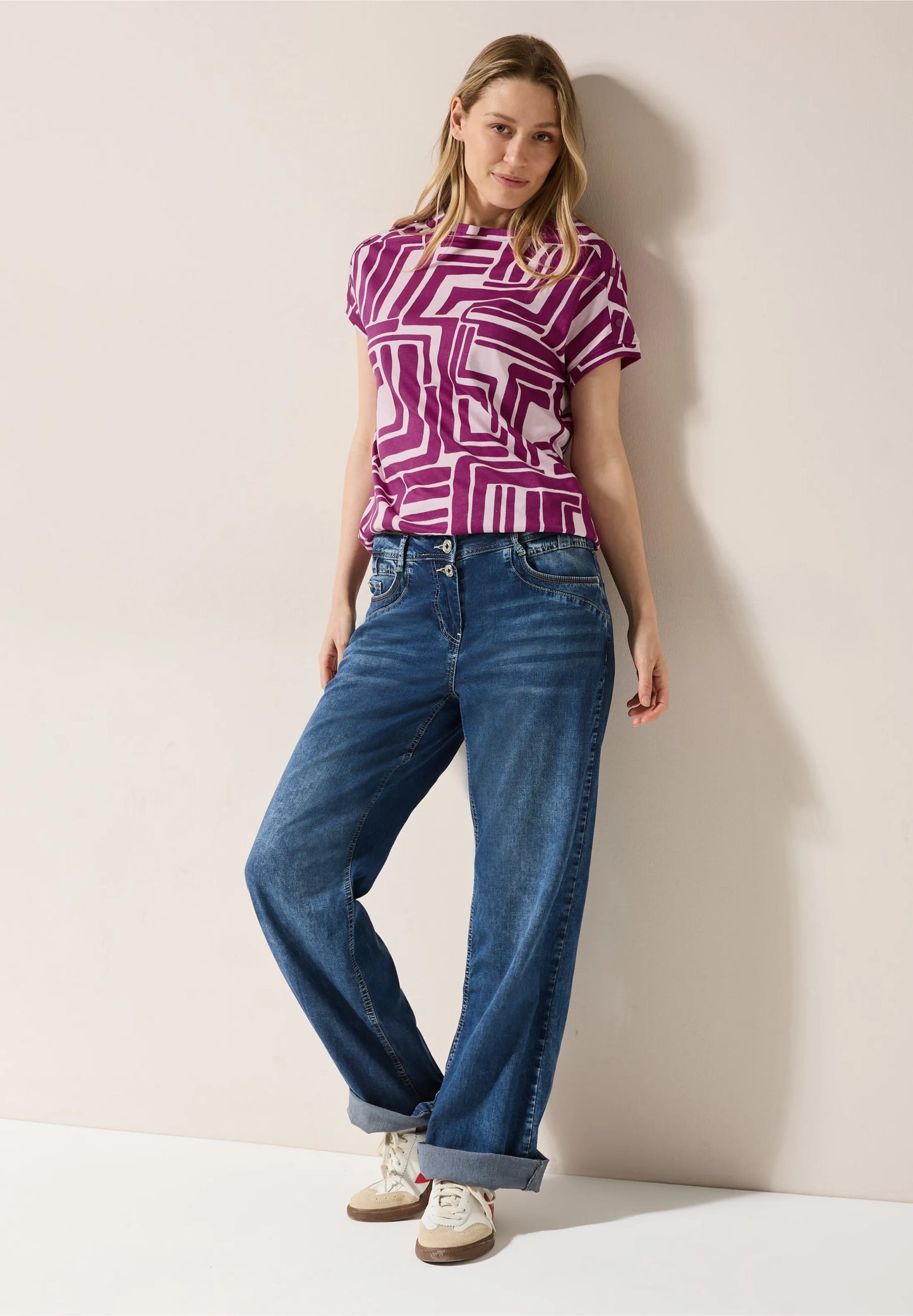 Geometric Print T-Shirt with Button Detail