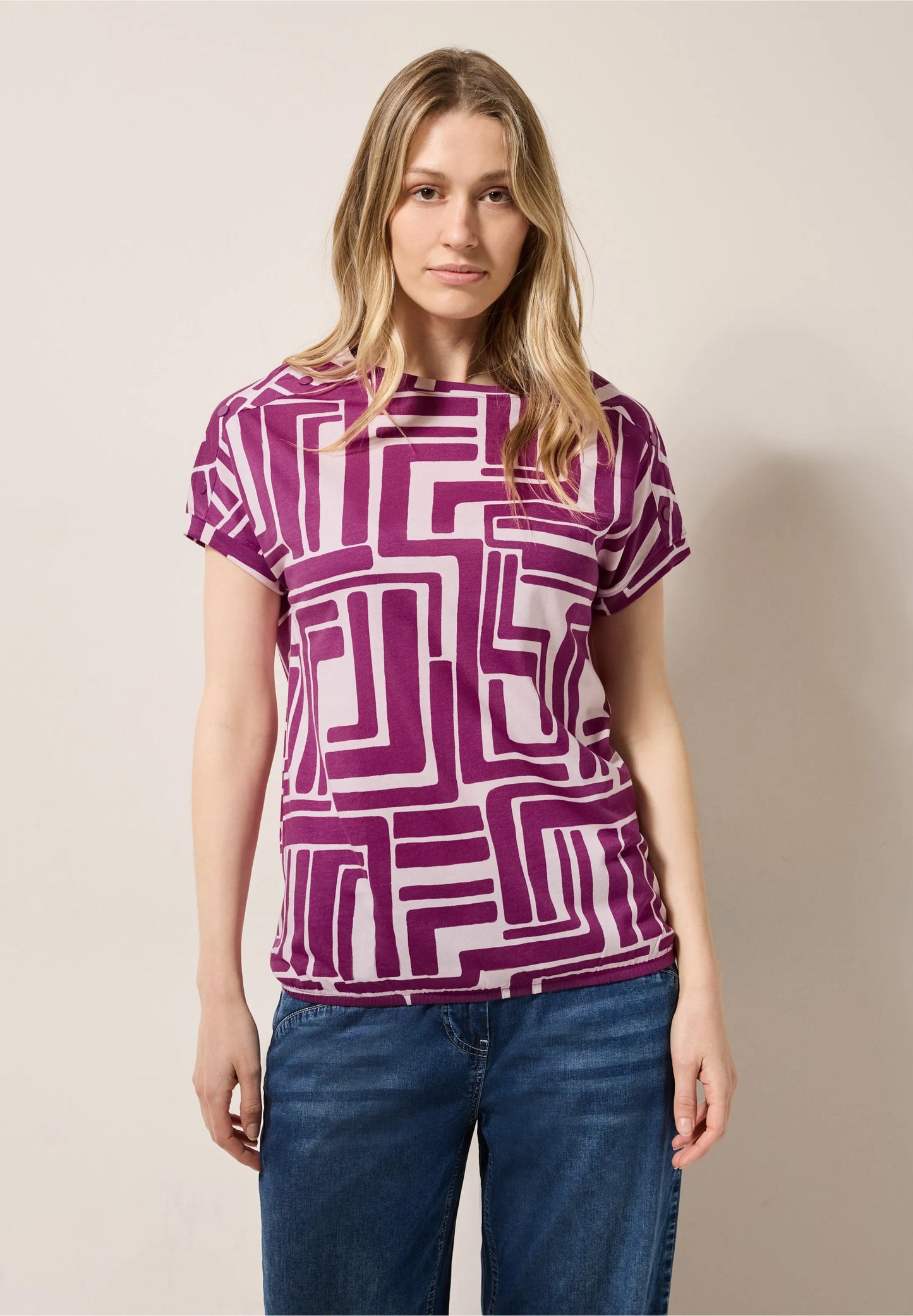 Geometric Print T-Shirt with Button Detail