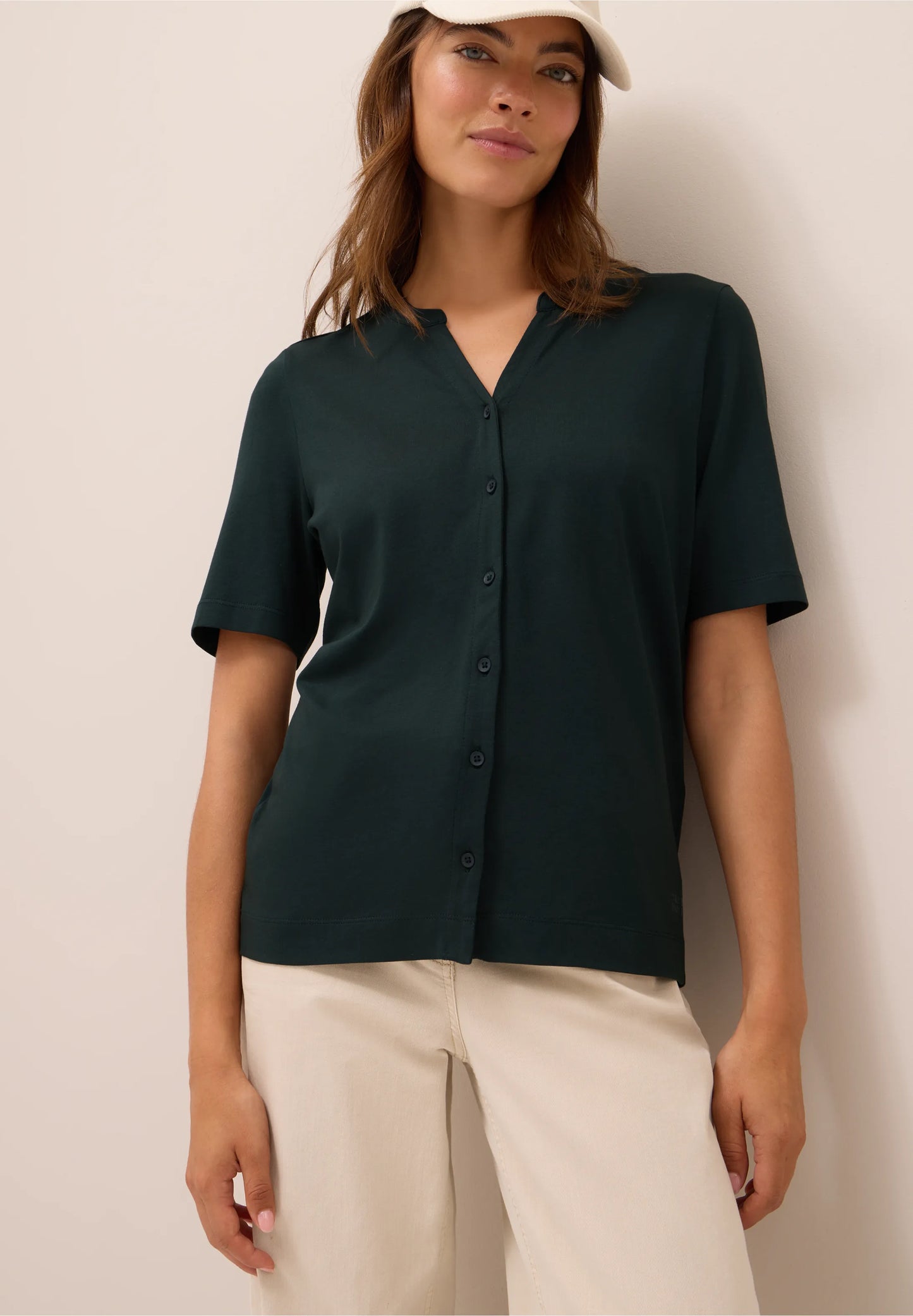 Button Front Jersey Top with Short Sleeves, Ink Green