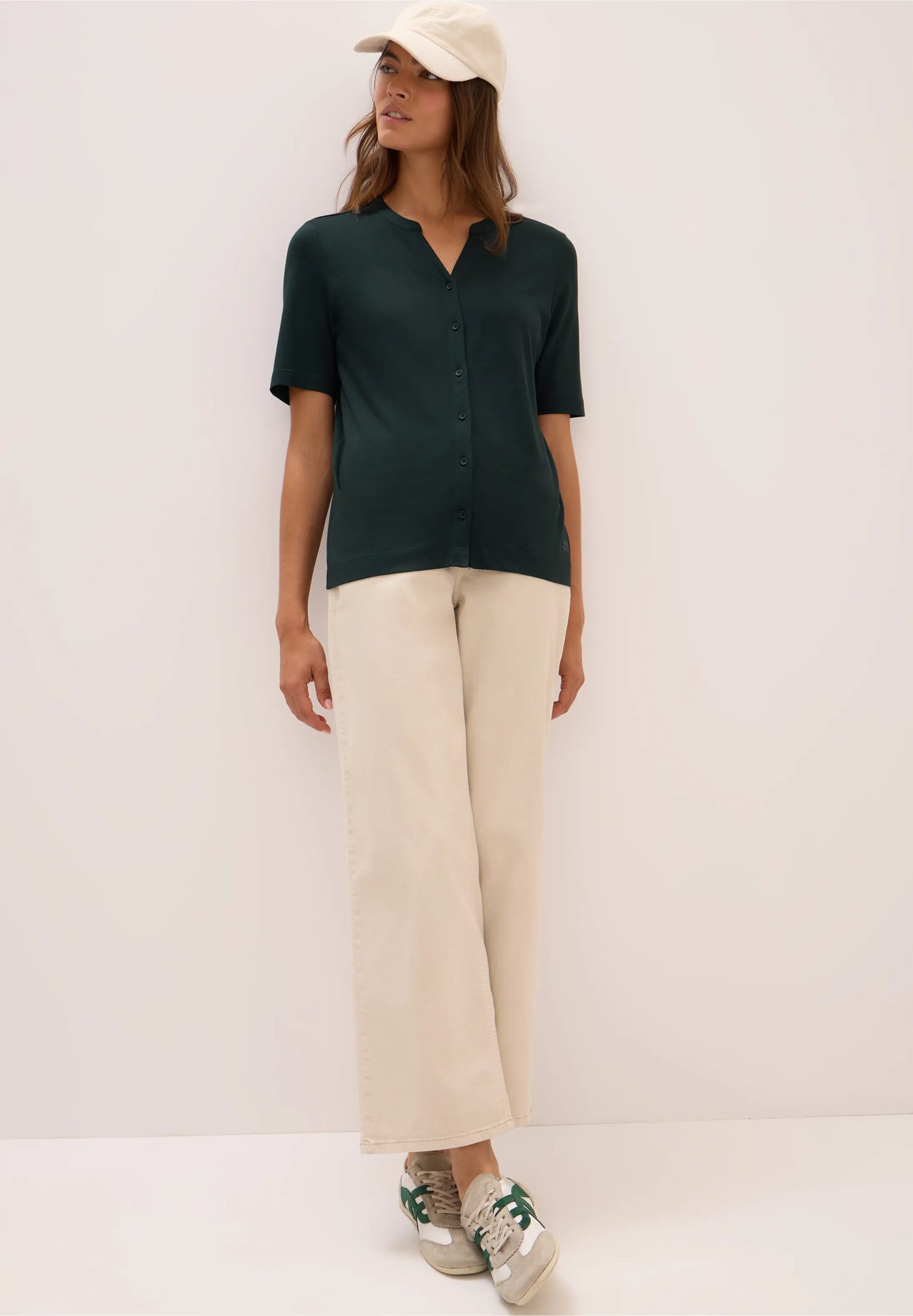 Button Front Jersey Top with Short Sleeves, Ink Green