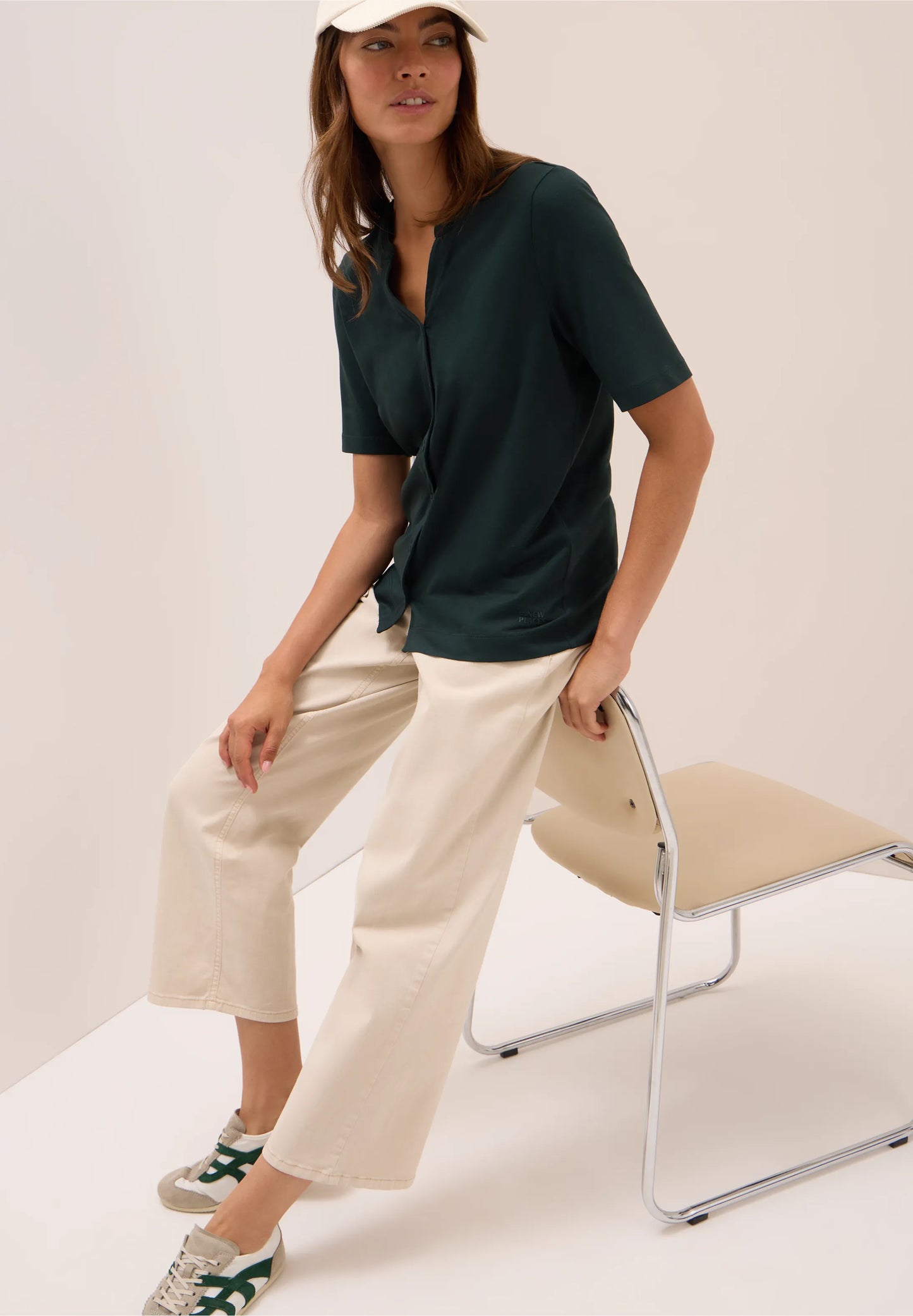 Button Front Jersey Top with Short Sleeves, Ink Green
