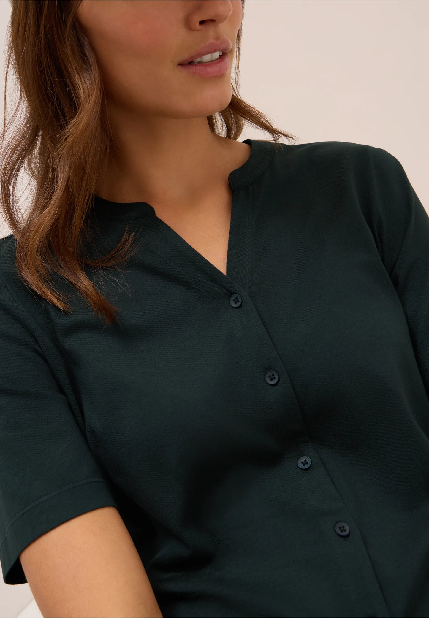 Button Front Jersey Top with Short Sleeves, Ink Green