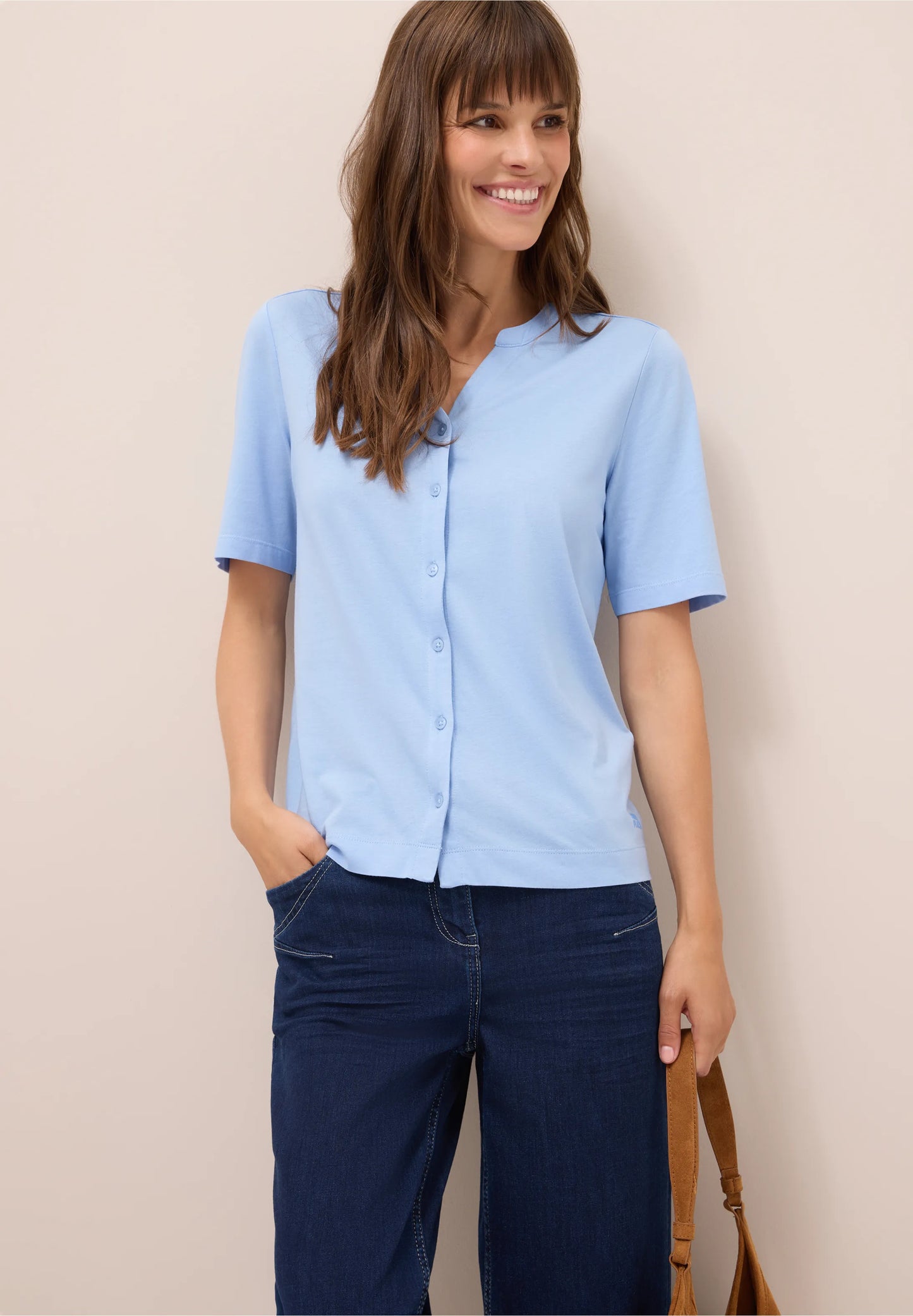 Button Front Jersey Top with Short Sleeves, Light Sky Blue