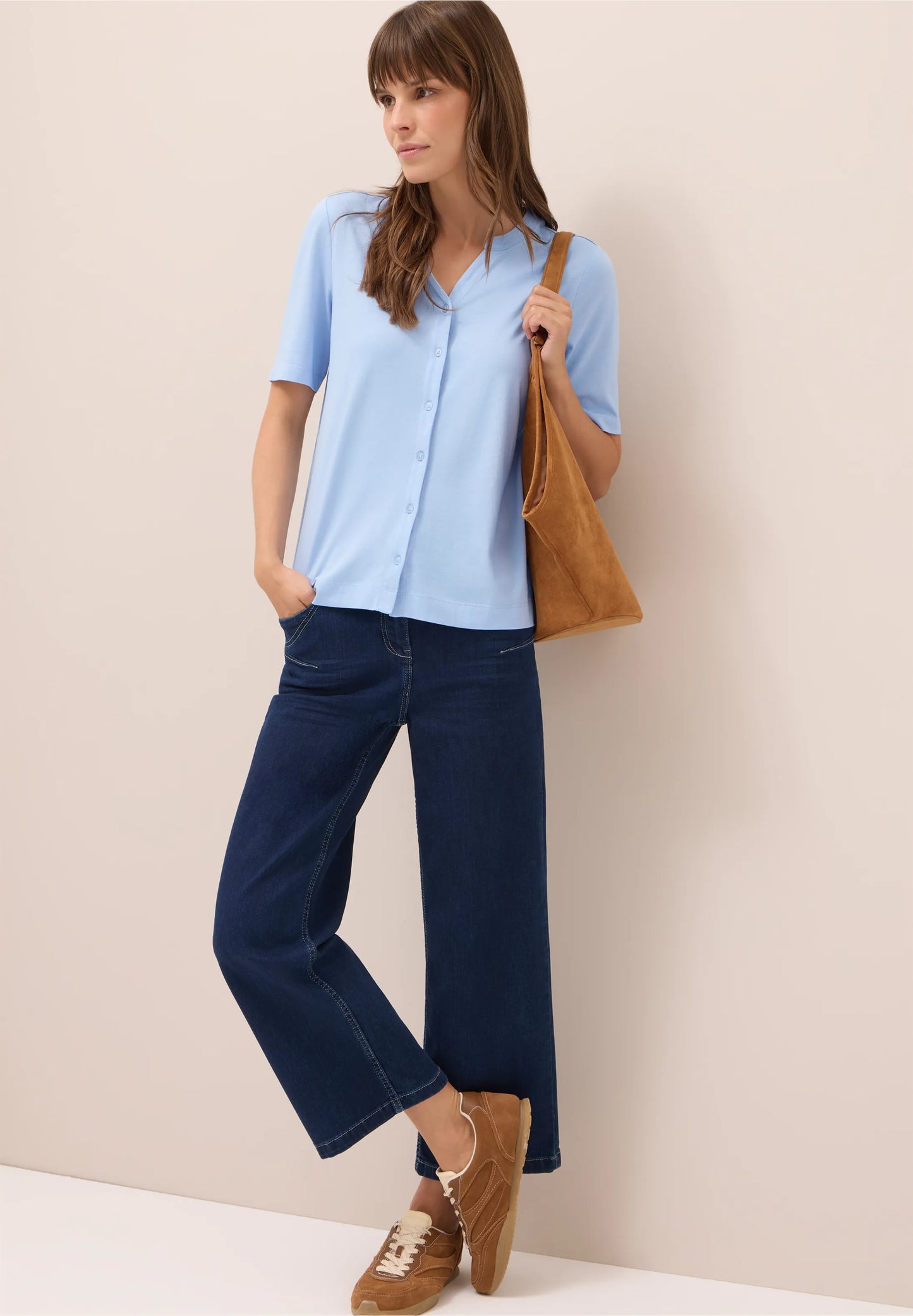 Button Front Jersey Top with Short Sleeves, Light Sky Blue