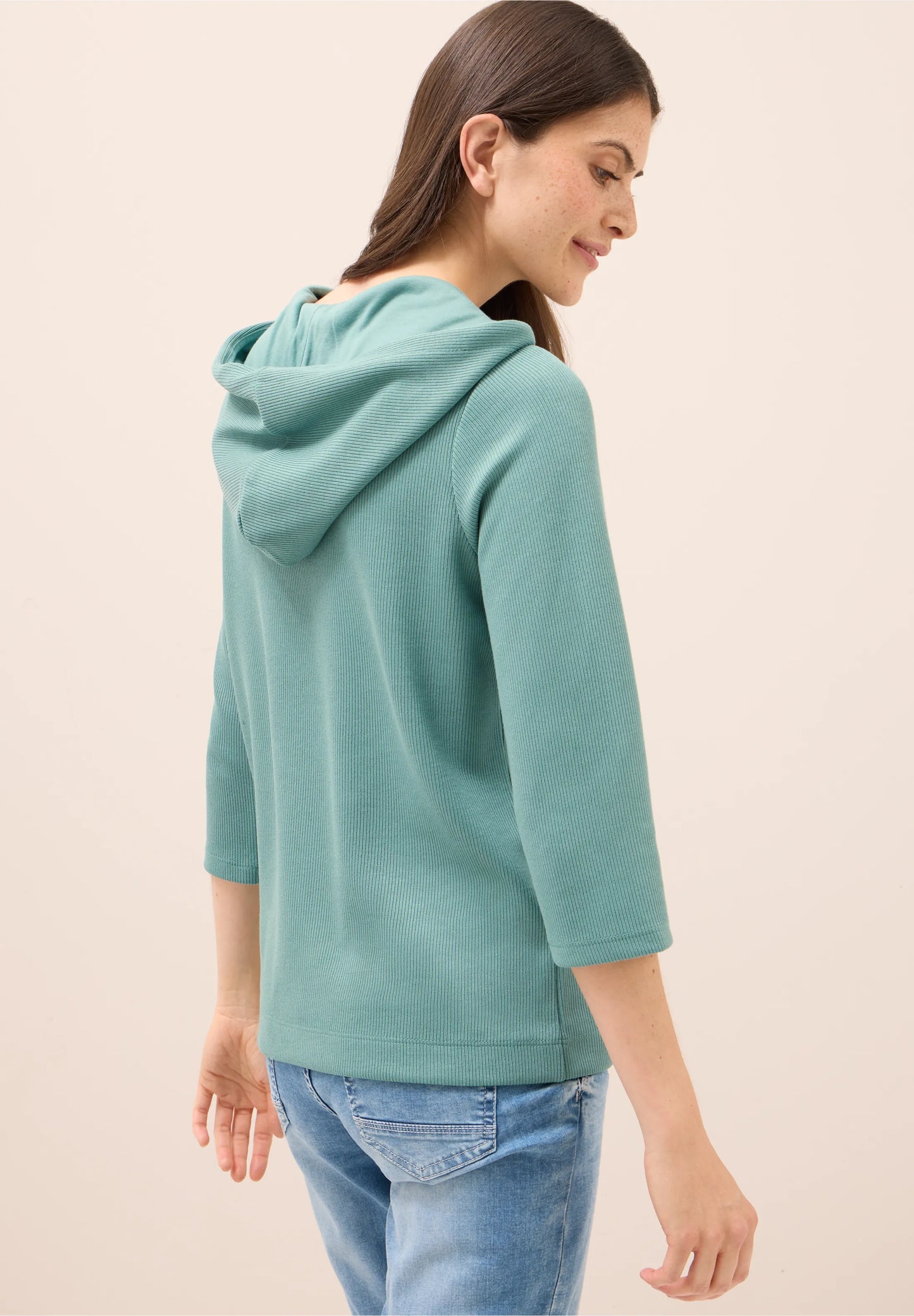 Ribbed Hoodie Top with 3/4 Sleeves, Jewel Green