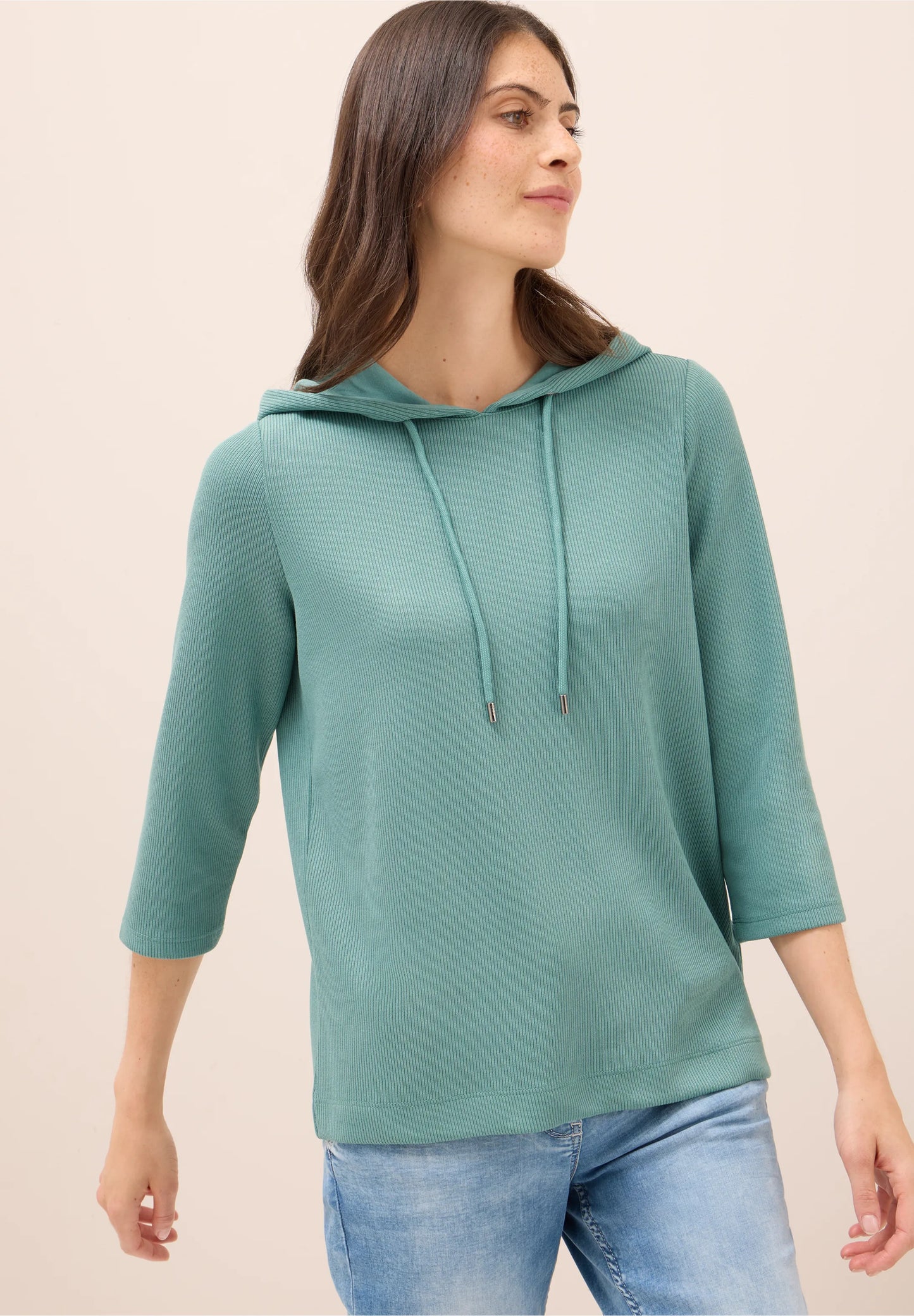 Ribbed Hoodie Top with 3/4 Sleeves, Jewel Green