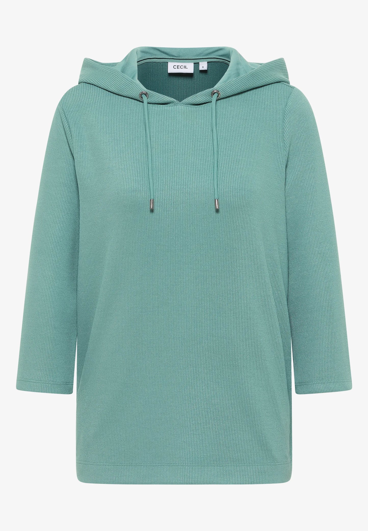 Ribbed Hoodie Top with 3/4 Sleeves, Jewel Green