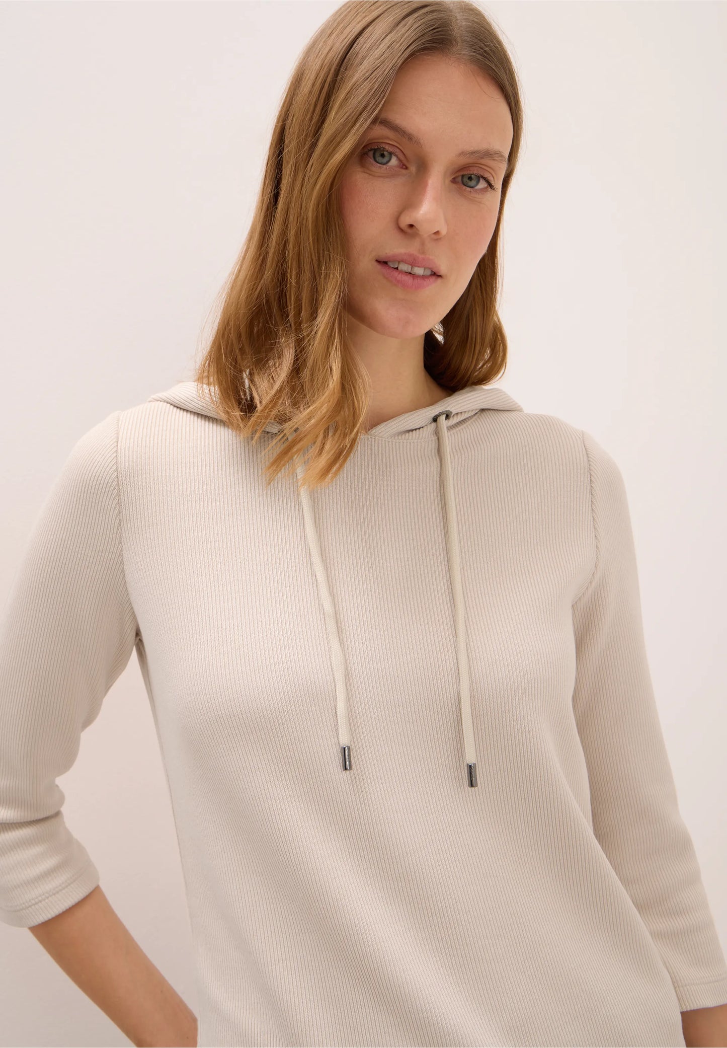 Ribbed Hoodie Top with 3/4 Sleeves, Oat Milk Beige